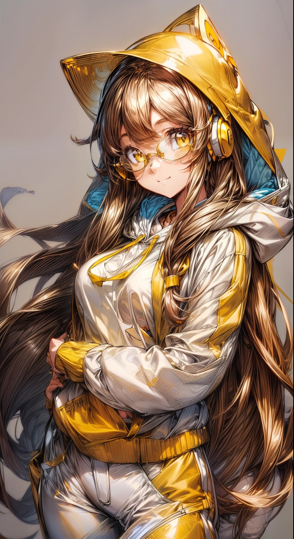 ((1girl, young anime woman, long brown hair, beautiful golden eyes, bright eyes, glasses, marauding smile, headphones, medium breasts, thin waist, normal clothing(white and yellow hooded jacket, white pants, golden yellow sneakers)))), (character design sheet, same character, same outfit, front, side, back), illustration, (single background, white background: 1.3)
