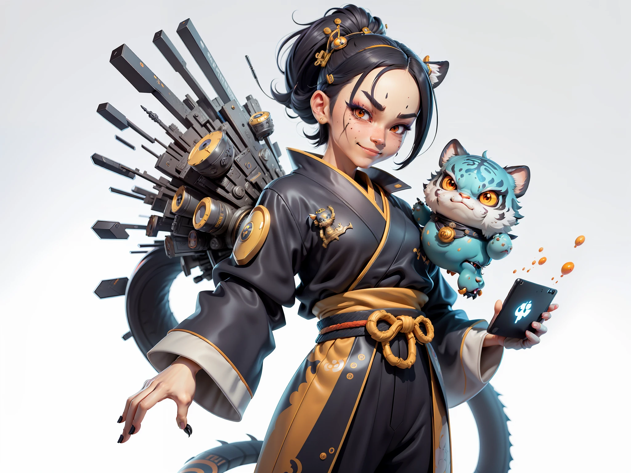 (Masterpiece), (Extreme Quality), (Super Meticulous), (Full Body: 1.2), Super Young Woman, Japanese Female Geisha, Beauty, Chinese Dragon, Tiger, Fengshen Thor, Sexy, Bursting, Oriental Face, TV Anchor, Bust Portrait Illustration, Alone, Black Suit, Blue Tie, Slightly Chubby, Very Clean Face, No Beard, Black Super Short Hair, Black Eyes, Confident Smile, 3c Computer Sub-Products, iPad, iPhone, Digital Painting, 3D character design by Mark Clairedon and Pixar and Hayao Miyazaki and Akira Toriyama, the illustrations are HD illustrations in 4K resolution with highly detailed facial features and cartoon-style visuals.