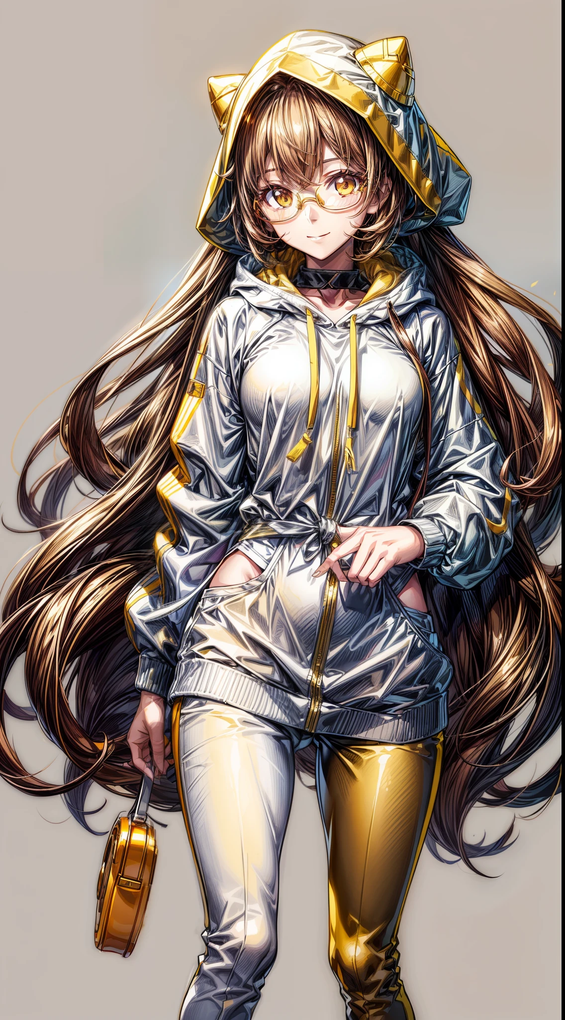 ((1girl, young anime woman, long brown hair, beautiful golden eyes, bright eyes, glasses, marauding smile, headphones, medium breasts, thin waist, normal clothing(white and yellow hooded jacket, white pants, golden yellow sneakers)))), (character design sheet, same character, same outfit, front and back), illustration, (focus on face and clothing), (simple background, White background: 1.3)