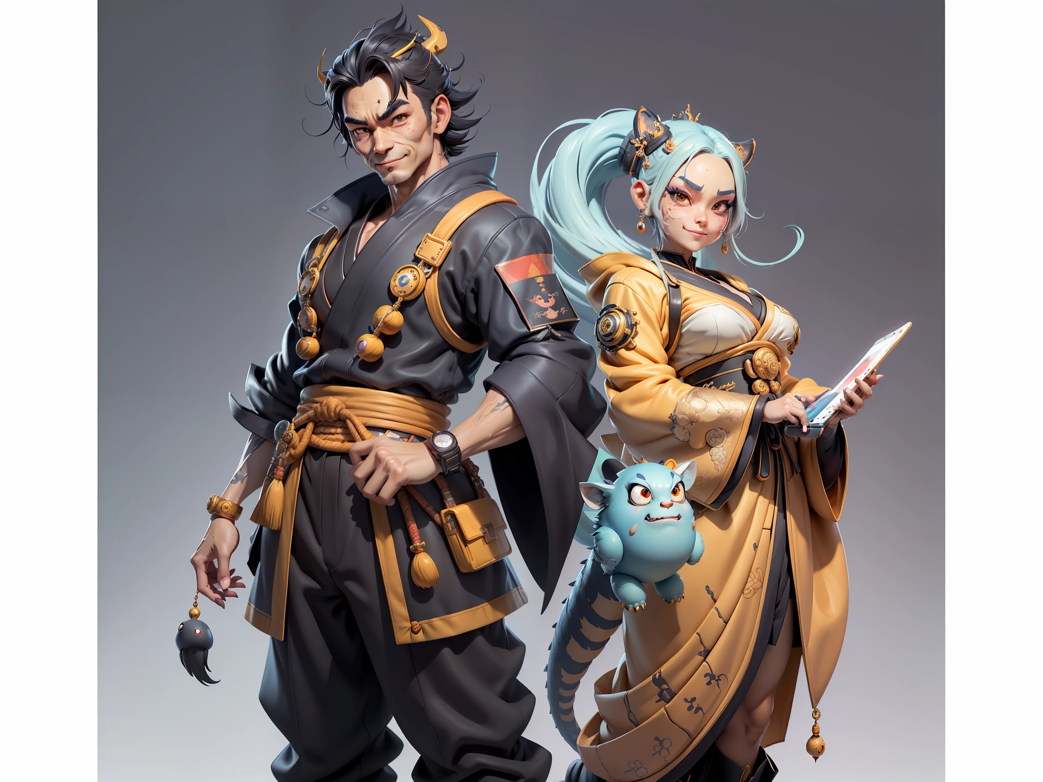 (Masterpiece), (Extreme Quality), (Super Meticulous), (Full Body: 1.2), Super Young Woman, Japanese Female Geisha, Beauty, Chinese Dragon, Tiger, Fengshen Thor, Sexy, Bursting, Oriental Face, TV Anchor, Bust Portrait Illustration, Alone, Black Suit, Blue Tie, Slightly Chubby, Very Clean Face, No Beard, Black Super Short Hair, Black Eyes, Confident Smile, 3c Computer Sub-Products, iPad, iPhone, Digital Painting, 3D character design by Mark Clairedon and Pixar and Hayao Miyazaki and Akira Toriyama, the illustrations are HD illustrations in 4K resolution with highly detailed facial features and cartoon-style visuals.