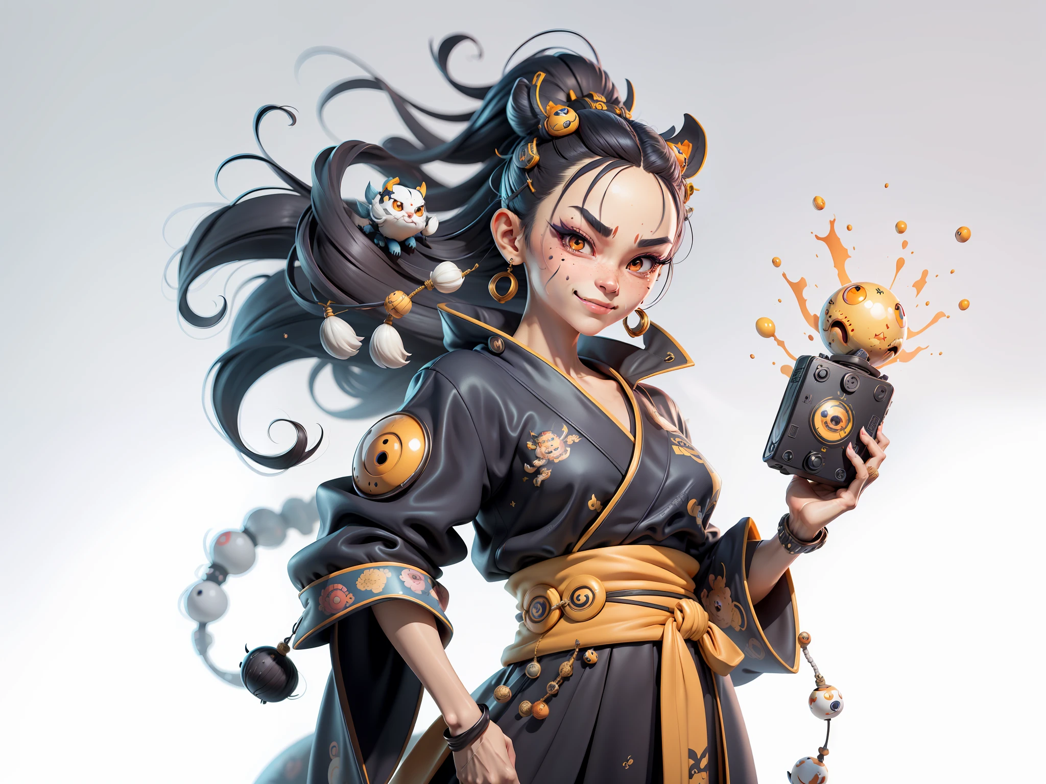 (Masterpiece), (Extreme Quality), (Super Meticulous), (Full Body: 1.2), Super Young Woman, Japanese Female Geisha, Beauty, Chinese Dragon, Tiger, Fengshen Thor, Sexy, Bursting, Oriental Face, TV Anchor, Bust Portrait Illustration, Alone, Black Suit, Blue Tie, Slightly Chubby, Very Clean Face, No Beard, Black Super Short Hair, Black Eyes, Confident Smile, 3c Computer Sub-Products, iPad, iPhone, Digital Painting, 3D character design by Mark Clairedon and Pixar and Hayao Miyazaki and Akira Toriyama, the illustrations are HD illustrations in 4K resolution with highly detailed facial features and cartoon-style visuals.