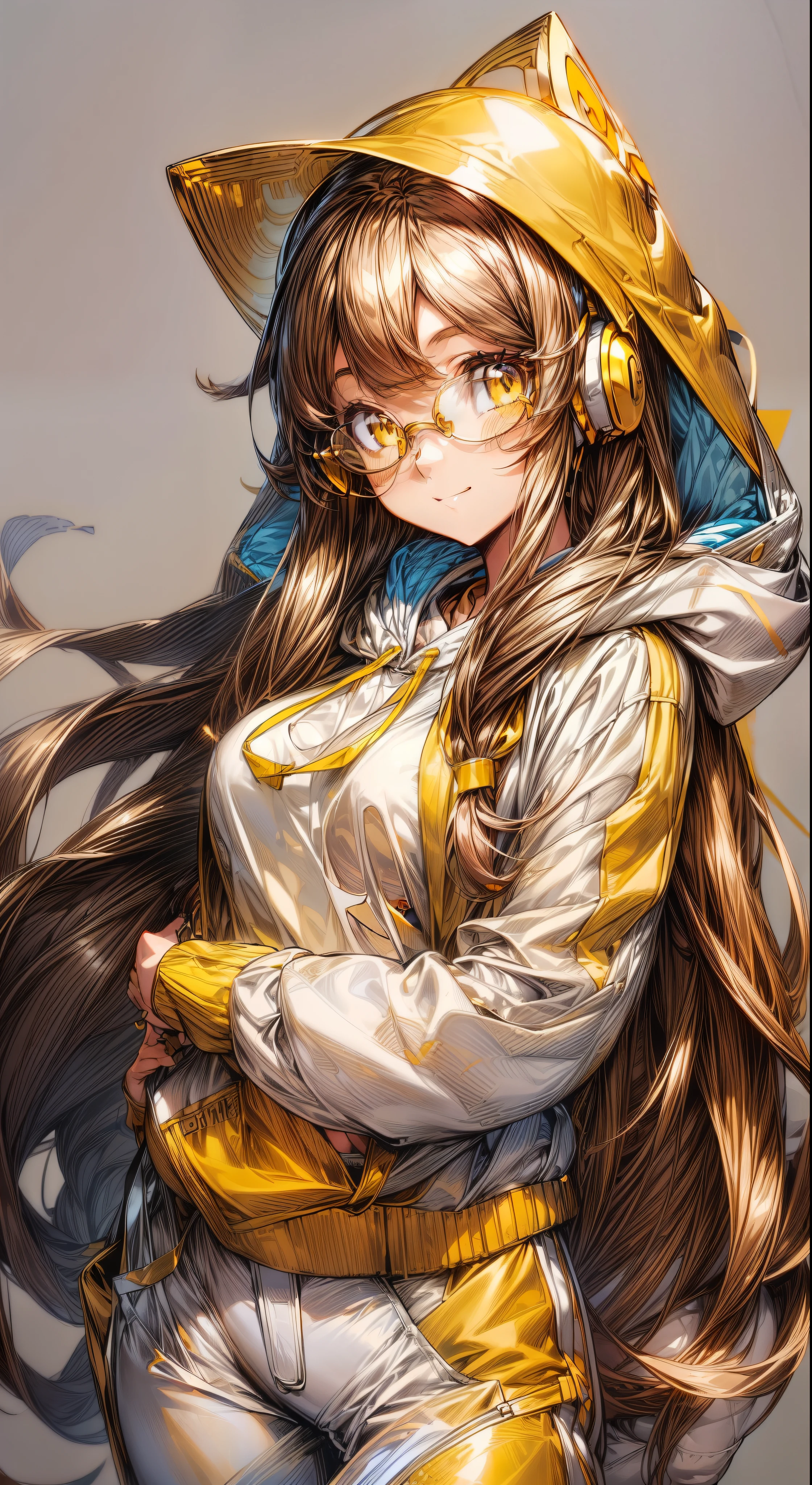 ((1girl, young anime woman, long brown hair, beautiful golden eyes, bright eyes, glasses, marauding smile, headphones, medium breasts, thin waist, normal clothing(white and yellow hooded jacket, white pants, golden yellow sneakers)))), (character design sheet, same character, same outfit, front, side, back), illustration, (single background, white background: 1.3)