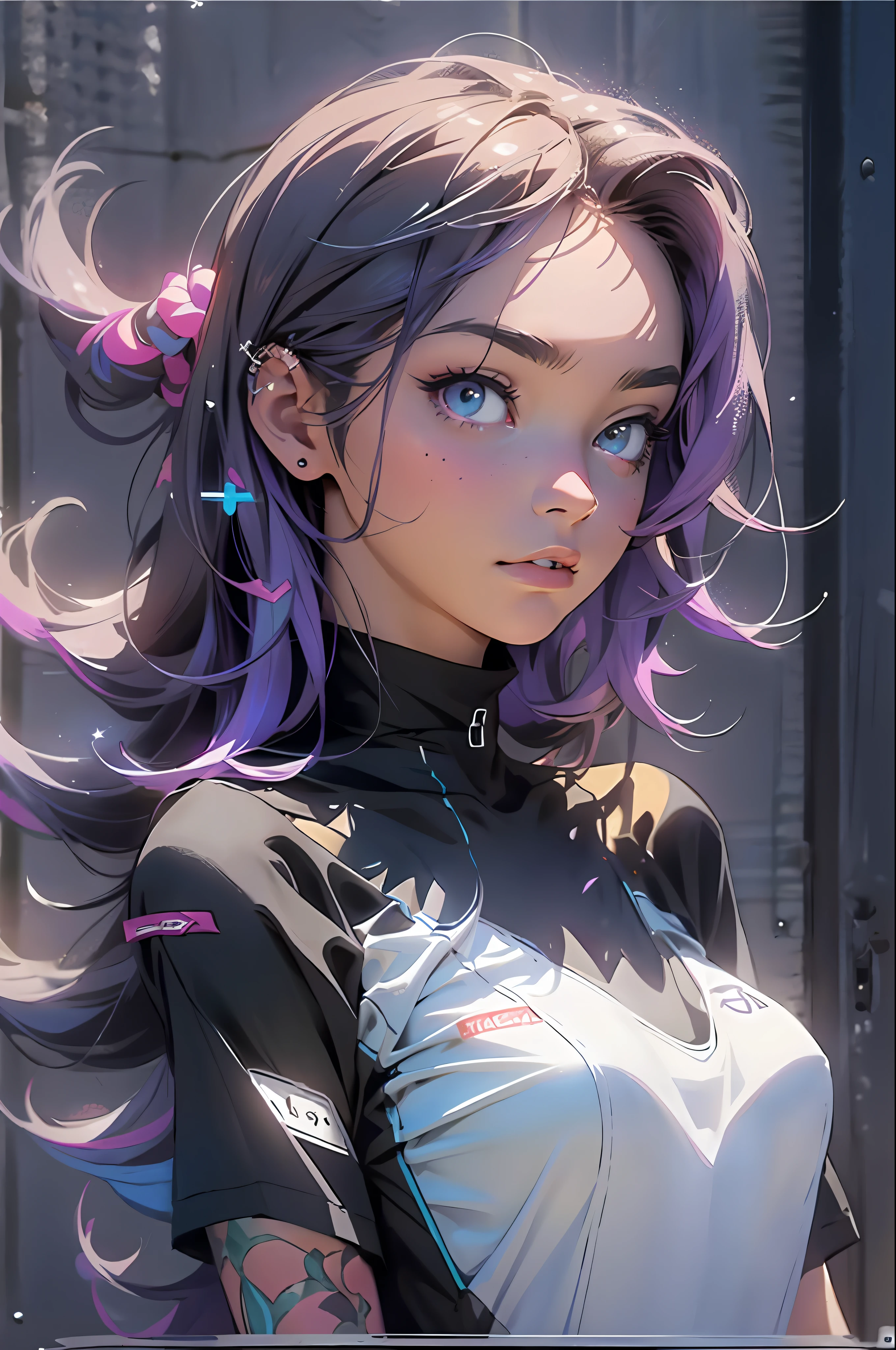 melancholy lighting, quiet, calm, brightness, masterpiece, best quality, 1girl, (JinxLol:1.2), (ultra photorealistic:1.3), (masterpiece:1.4), best quality, ((realistic)), high quality, ultra detailed, ((real image)), ((realistic skin)), ((realistic face)),(illustration:1.05), (beautiful:1.05), (beautiful detailed eyes:1.05), (cinematic light:1.1), purple and pink in the detacks, perfect whole body, slender silhouette, thin, small breasts, black and blue clothing, White Tennis