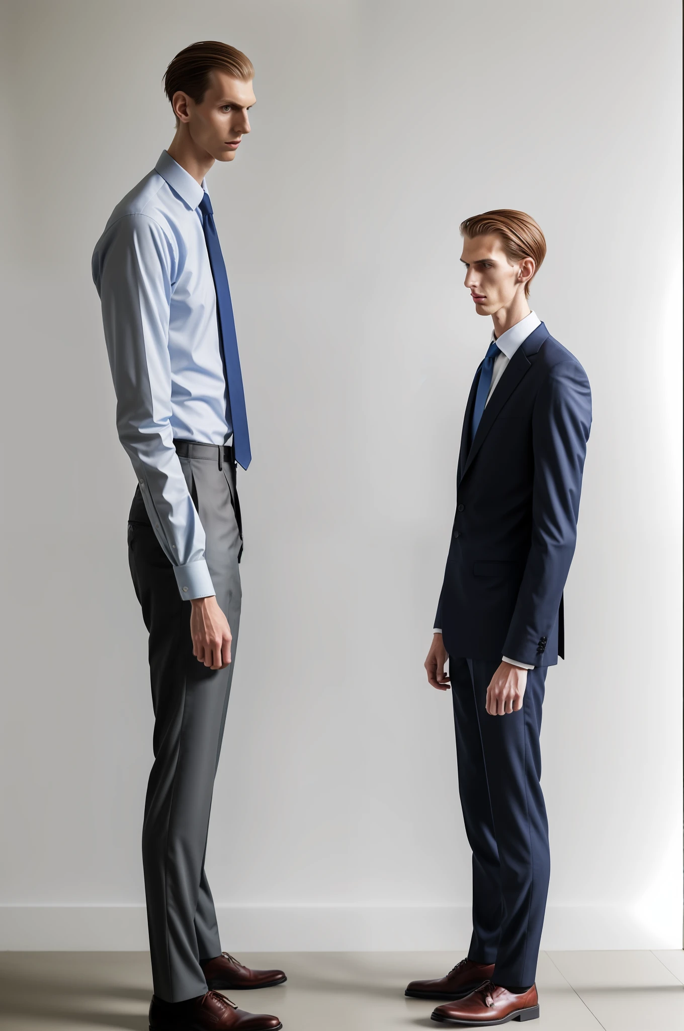 there is a man standing next to a boy in a dress shirt and tie, a portrait by Marshall Arisman, unsplash, hyperrealism, tall man, very tall, tall and slim figured, tall and small, tall and slim, very very very tall, slim and tall, very very very very tall, tall and lanky skinny, very tall and slender