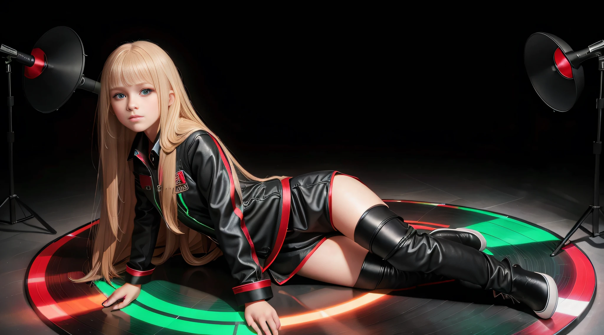 12 year old girl, long blonde straight hair, with black RED jacket and black clothes, NEXT TO THE GIRL MODEL SOFT GREEN LIGHT., in the photographic studio, with white infinite background, GREEN BACKGROUND LIGHT with many cds and vinyls on the floor,