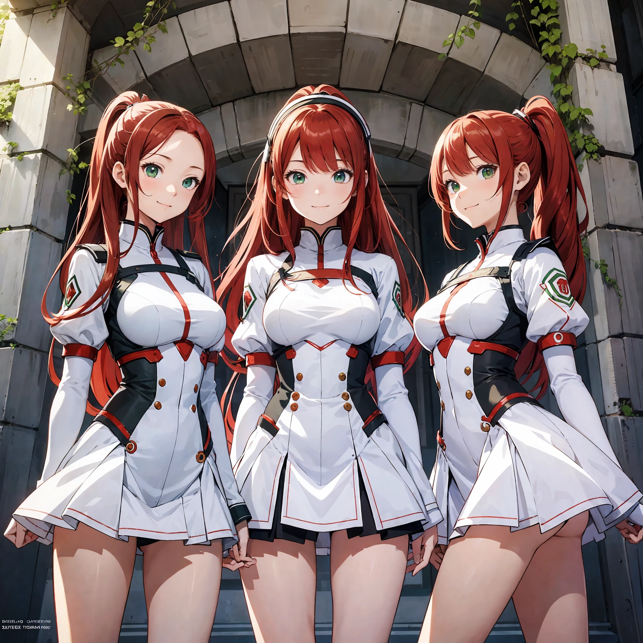 perfect anime illustration, multiple girls, thousands of girls, millions of girls, clones, identical sisters, red hair, ponytail, matching hairstyle, hazel eyes, smiling, white skin, matching outfits, green uniforms, highres, full body, bare legs, neat rows of sisters, neat columns of sisters, sisters standing in formation, sisters in background