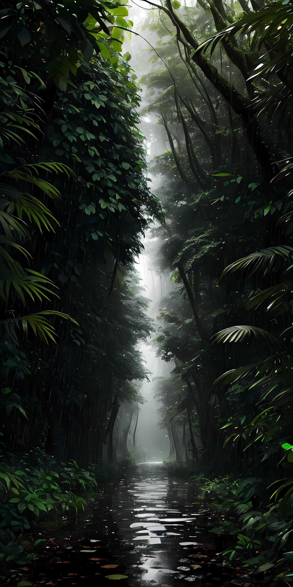 A jungle, with intense rainfall, monochromatic, vines all around, giant and wet trees, masterpiece, best quality, high quality, extremely detailed CG unity 8k wallpaper, oil paiting, award winning photography, Bokeh, Depth of Field, HDR, bloom, Chromatic Aberration ,Photorealistic,extremely detailed, trending on artstation, trending on CGsociety, Intricate, High Detail, dramatic, art by midjourney, volumetric lighting