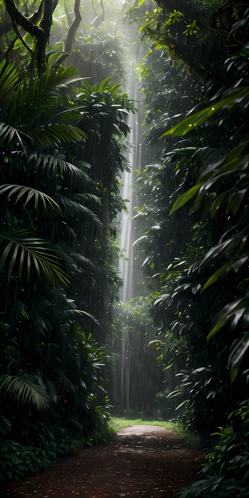 A jungle, with intense rainfall, monochromatic, vines all around, giant and wet trees, masterpiece, best quality, high quality, extremely detailed CG unity 8k wallpaper, oil paiting, award winning photography, Bokeh, Depth of Field, HDR, bloom, Chromatic Aberration ,Photorealistic,extremely detailed, trending on artstation, trending on CGsociety, Intricate, High Detail, dramatic, art by midjourney, volumetric lighting