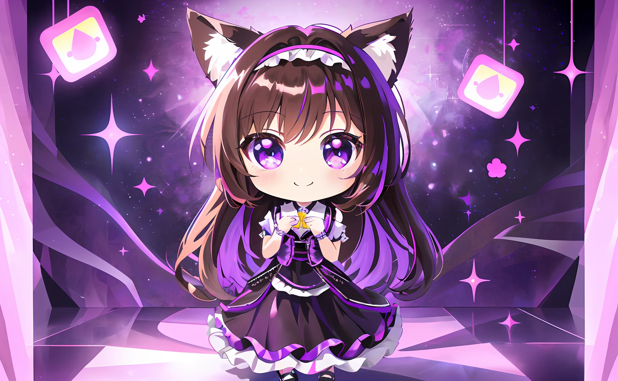 (Chibi Chibi: 1.3), Solo, full body, wearing shiny purple maid clothes, highly detailed face, (smile: 1.3), lively, (gravure pose: 1.4), beautiful detailed eyes, looking up, (eye to eye), light brown long hair, cat ears, neon, masterpiece, top quality, highly detailed 8k wallpaper