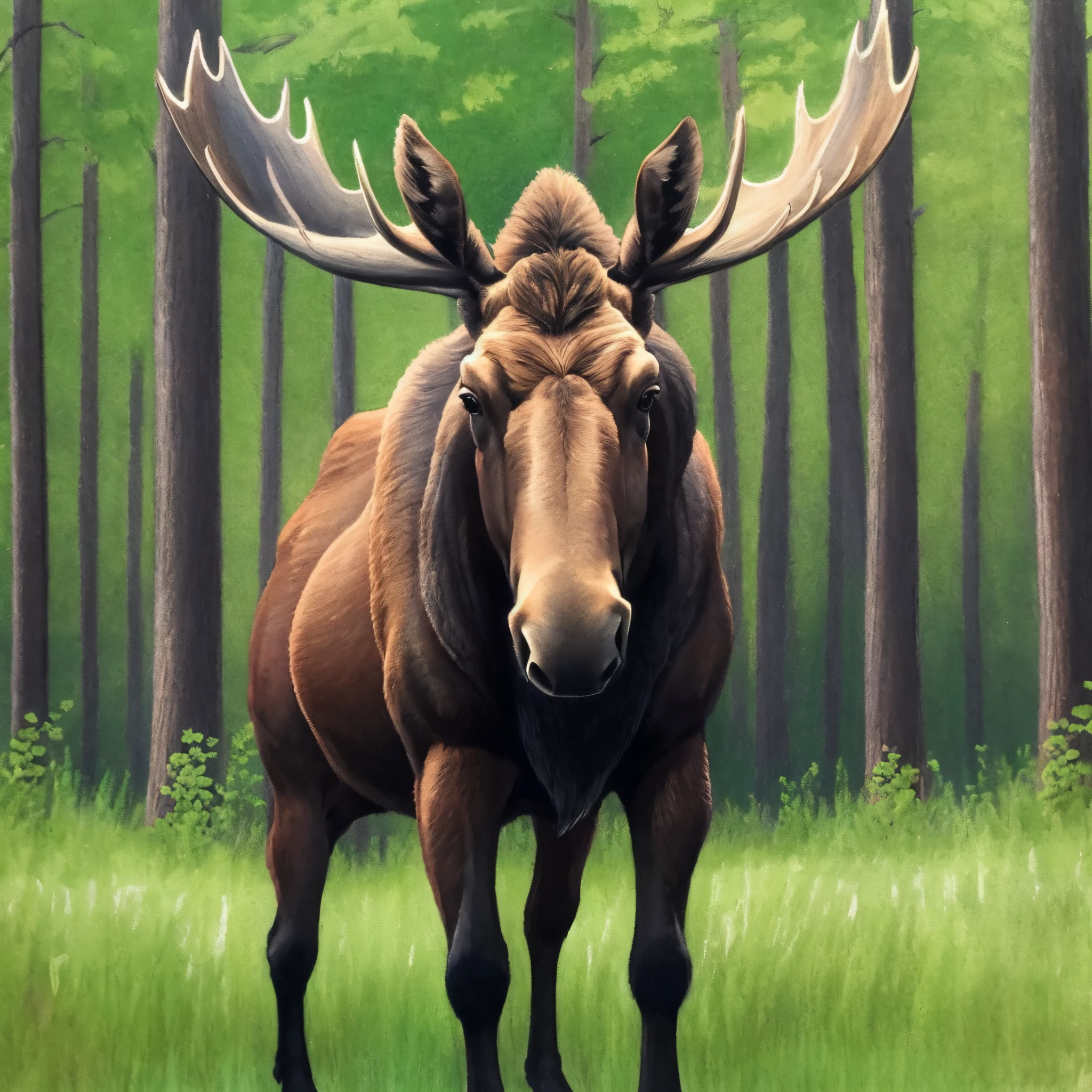 Moose, standing in a clearing, green blurred background, excellent quality drawing, plain background, good animal detail, sloppy drawing with paints