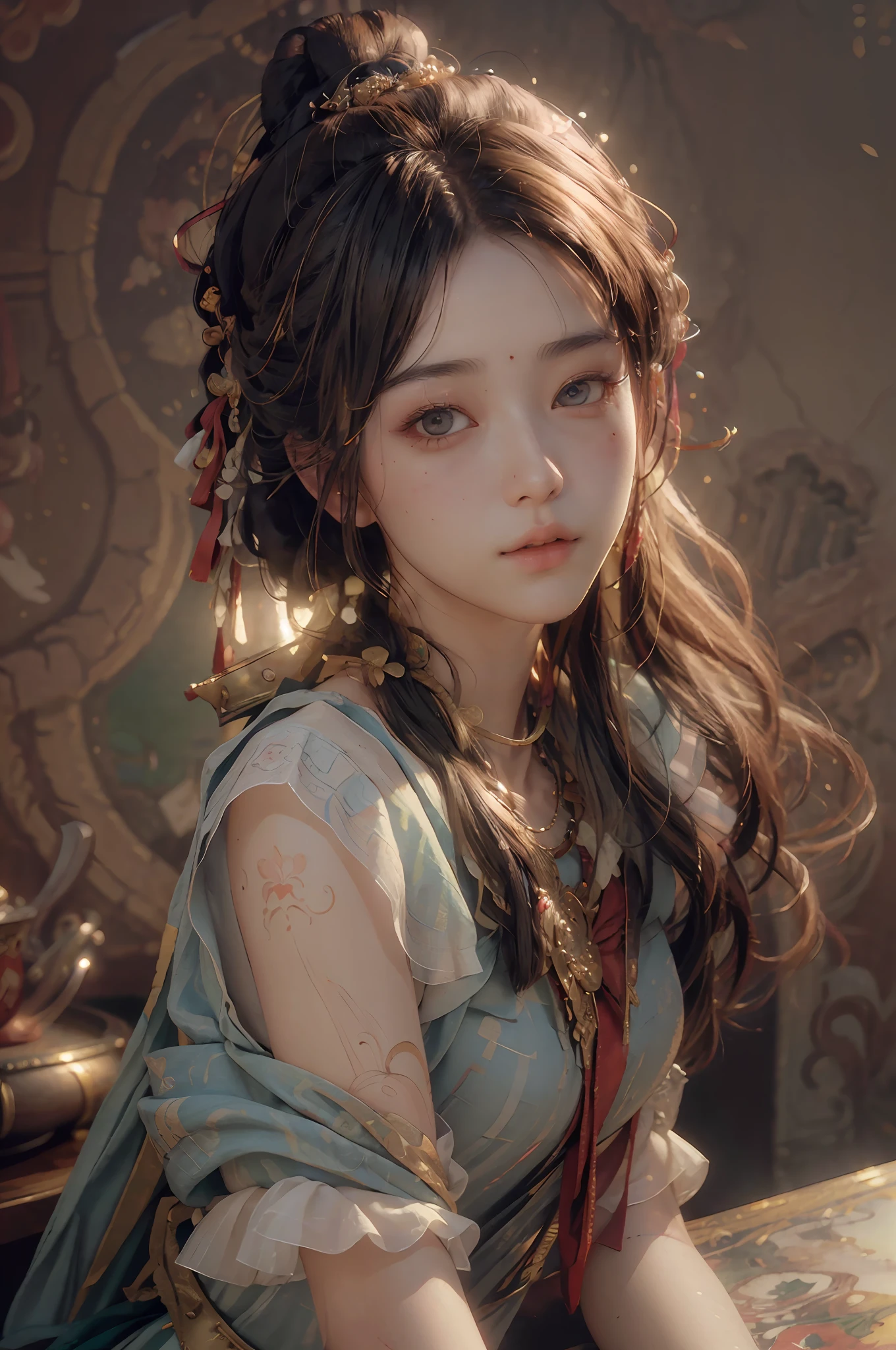 (RAW photo, best quality), (realistic, photo-realistic:1.3),best quality,highly detailed,masterpiece,ultra-detailed,illustration,1girl,upper_body,dynamic angle,world masterpiece theater,messy_long_hair,best quality,extremely detailed CG unity 8k wallpaper,ink,Amazing,cinematic lighting,lens_flare, dunhuang_style