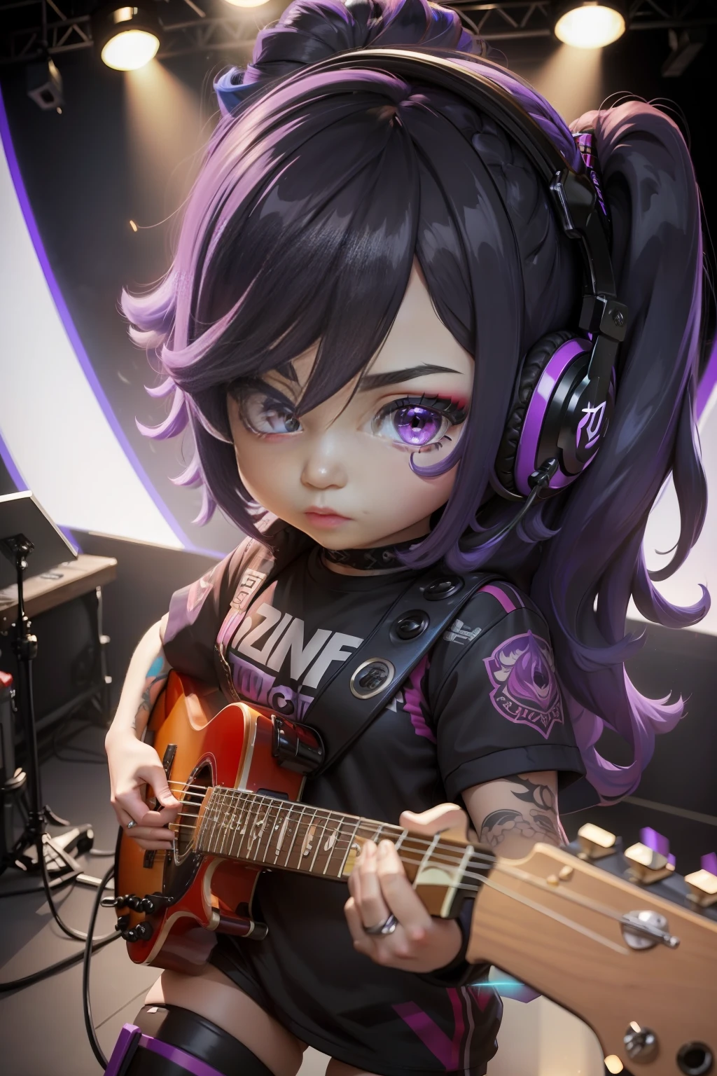 16k ultra HD vivid colors masterpiece ultra resolution cinematic digital art, Chibi style, a girl 20 years old big head, big black eyes, purple hair, purple eyes, rock clothes, tattoo on arm, standing playing colored electric guitar, effect out of guitar, she is on top of a stage, with gamer headphones. Vivid colors, vibrant colors, spicy colors, cinematic RAW light best ultra HD quality.