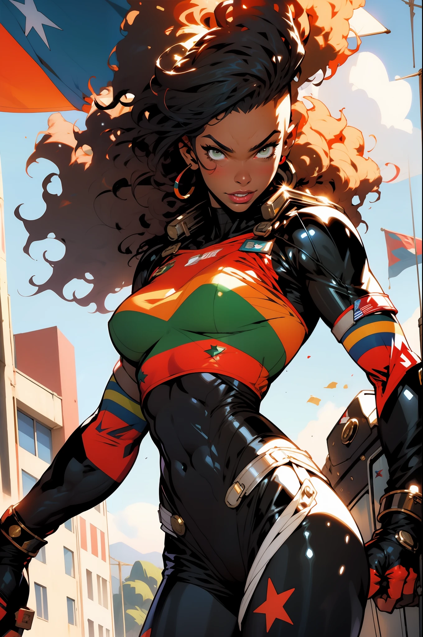 (((Simon Bisley))), (((flag))), (muscular), Mature woman 35 years muscular beautiful, ((((black African woman)))), (((afro hair)))), giant robot pilot, wild with perfect body, bare thighs, colorful afro hair, wearing little clothing, dark blue clothing with white stars, red with white stripes, tiny thong, hoarse with the colors of the United States flag, sensual pose, large breasts,  technological scenario