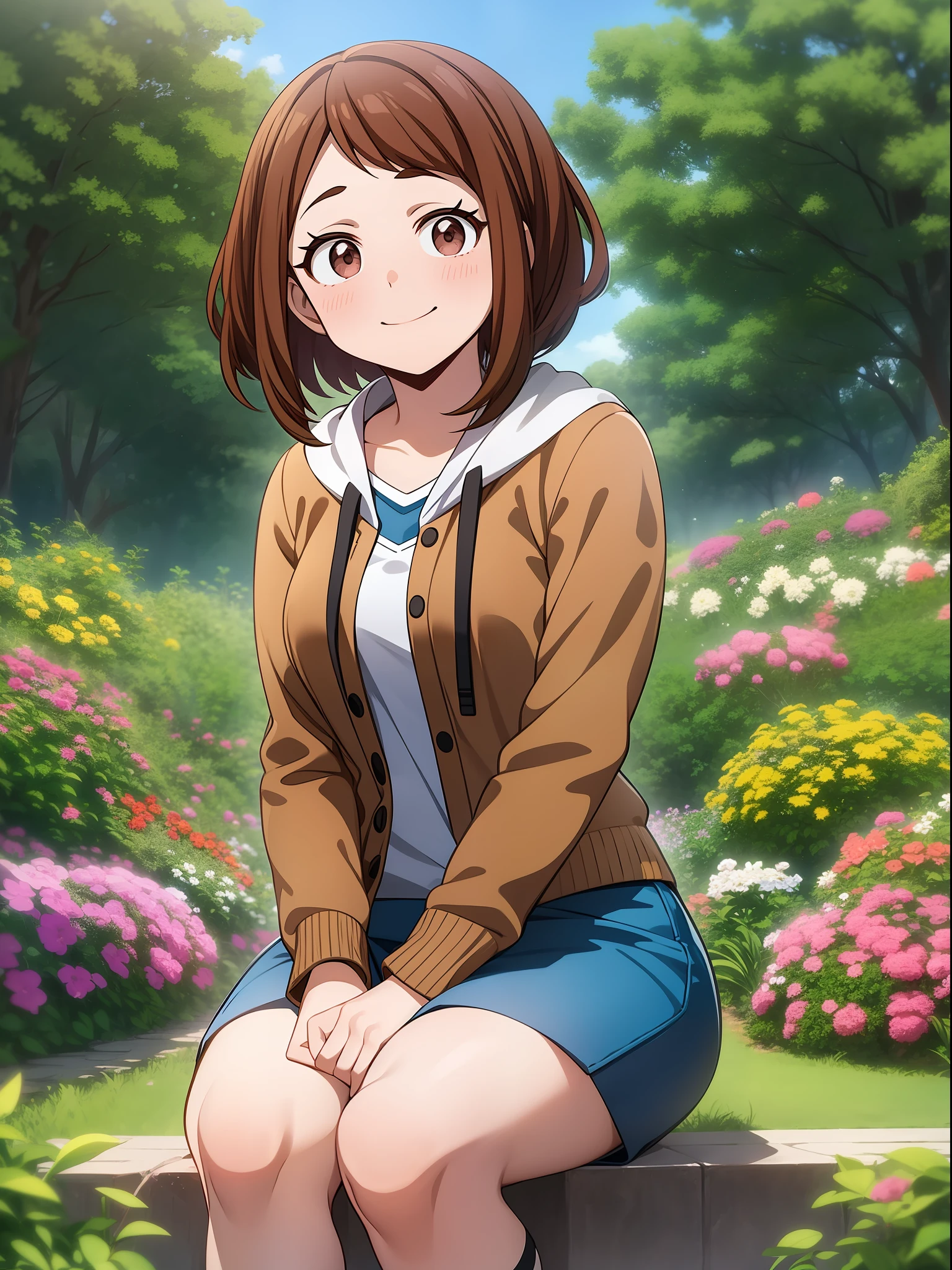 Ochaco Uraraka, sitting in a garden, nice environment, super detailed, high quality