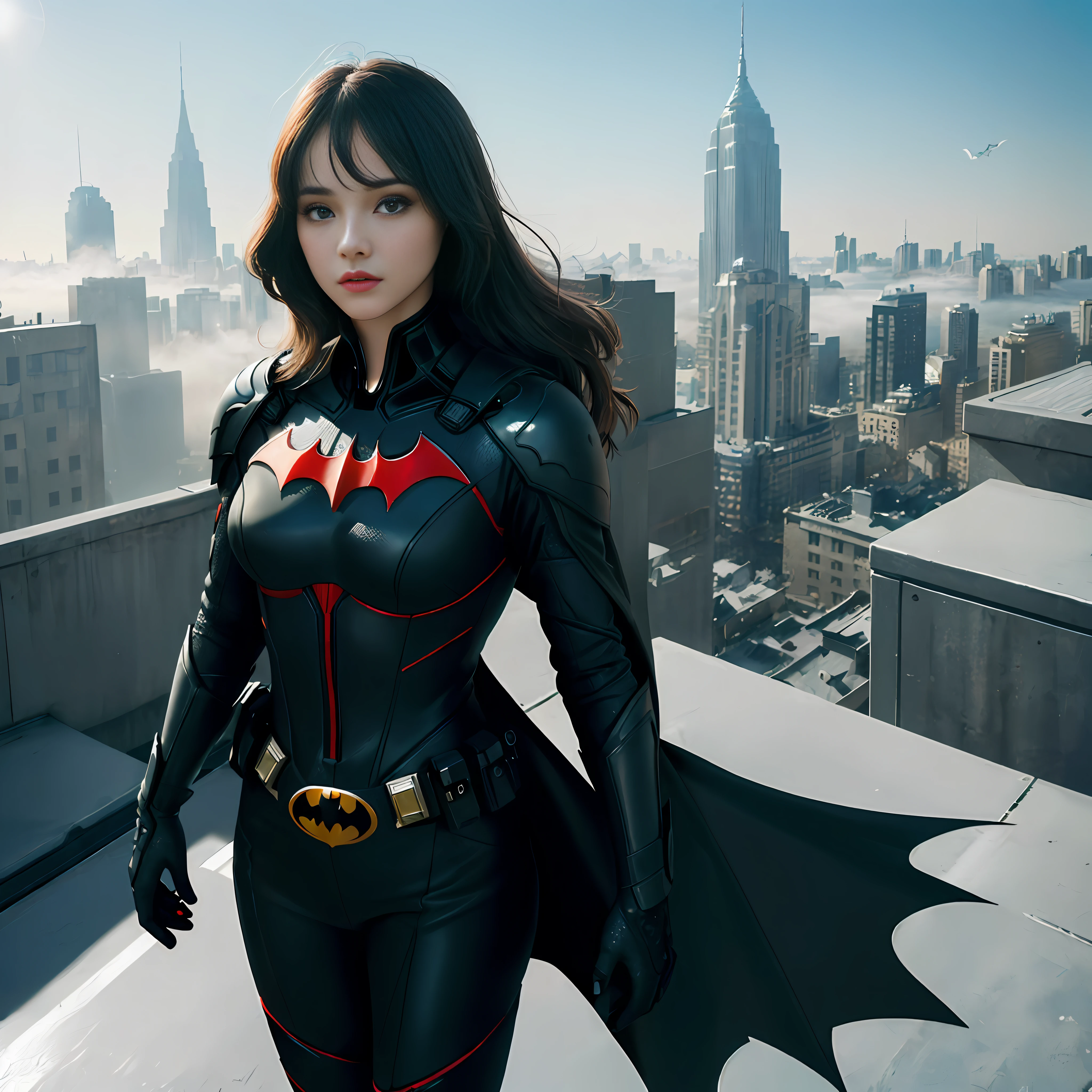 (1girl:1.3), Solo, (((Very detailed face)))), ((Very detailed eyes and face)))), Beautiful detail eyes, Body parts__, Official art, Unified 8k wallpaper, Super detailed, beautiful and beautiful, beautiful, masterpiece, best quality, original, masterpiece, super fine photo, best quality, super high resolution, realistic realism, sunlight, full body portrait, amazing beauty, dynamic pose, delicate face, vibrant eyes, (from the front), She wears Batman suit, red and black color scheme, bat, very detailed city roof background, rooftop, overlooking the city, detailed face, detailed complex busy background, messy, gorgeous, milky white, highly detailed skin, realistic skin details, visible pores, clear focus, volumetric fog, 8k uhd, DSLR, high quality, film grain, fair skin, photo realism, lomography, futuristic dystopian megalopolis, translucent, full body