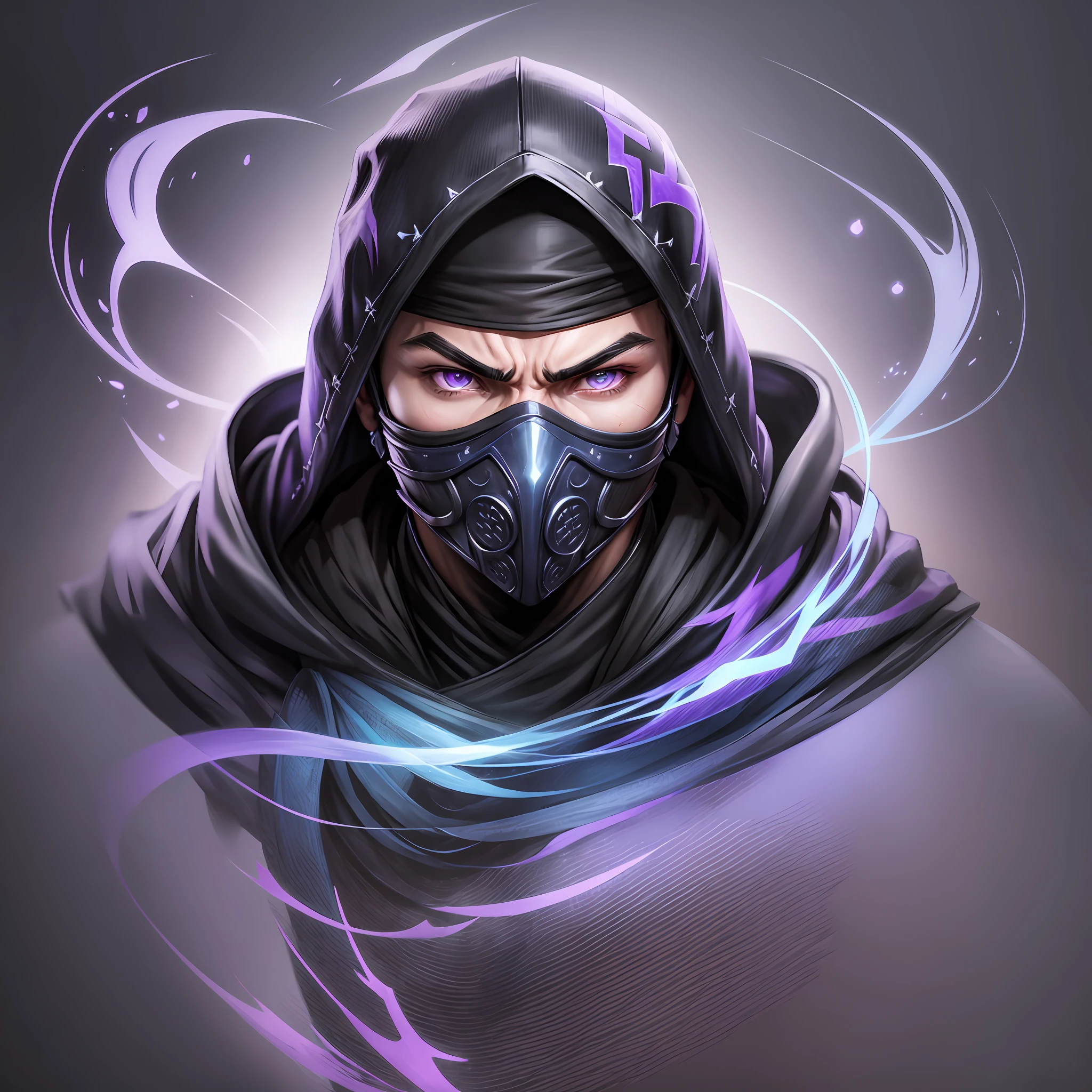 Ninja style sub zero Mortal Kombat X, black uniform, purple eyes, mask covering mouth, hood covering hair, detailed, 4k --auto --s2