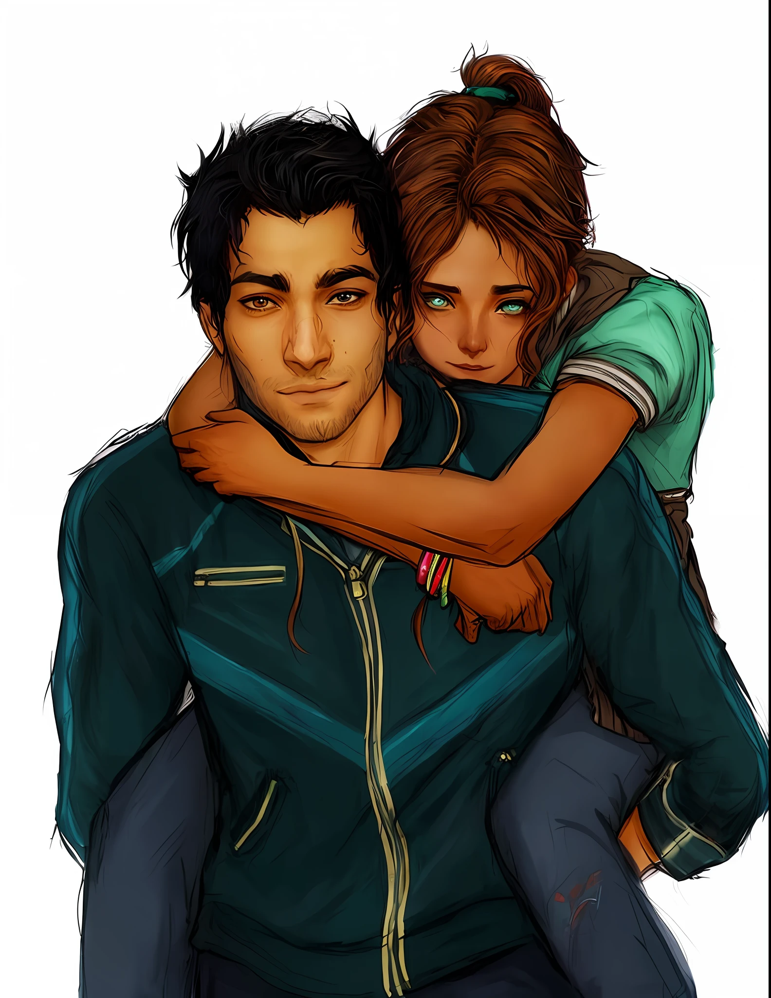 a drawing of a man and a woman embracing, percy jackson, charlie bowater and artgeem, fan art, hugs, realistic art style, inspired by Lois van Baarle, emotional concept art, high quality fanart, hug, single boy concept art, inspired by Nelson Alexander Ross, ruan jia and joao ruas, arm around the neck Ajay and Bhadra Far cry 4 --auto --s2