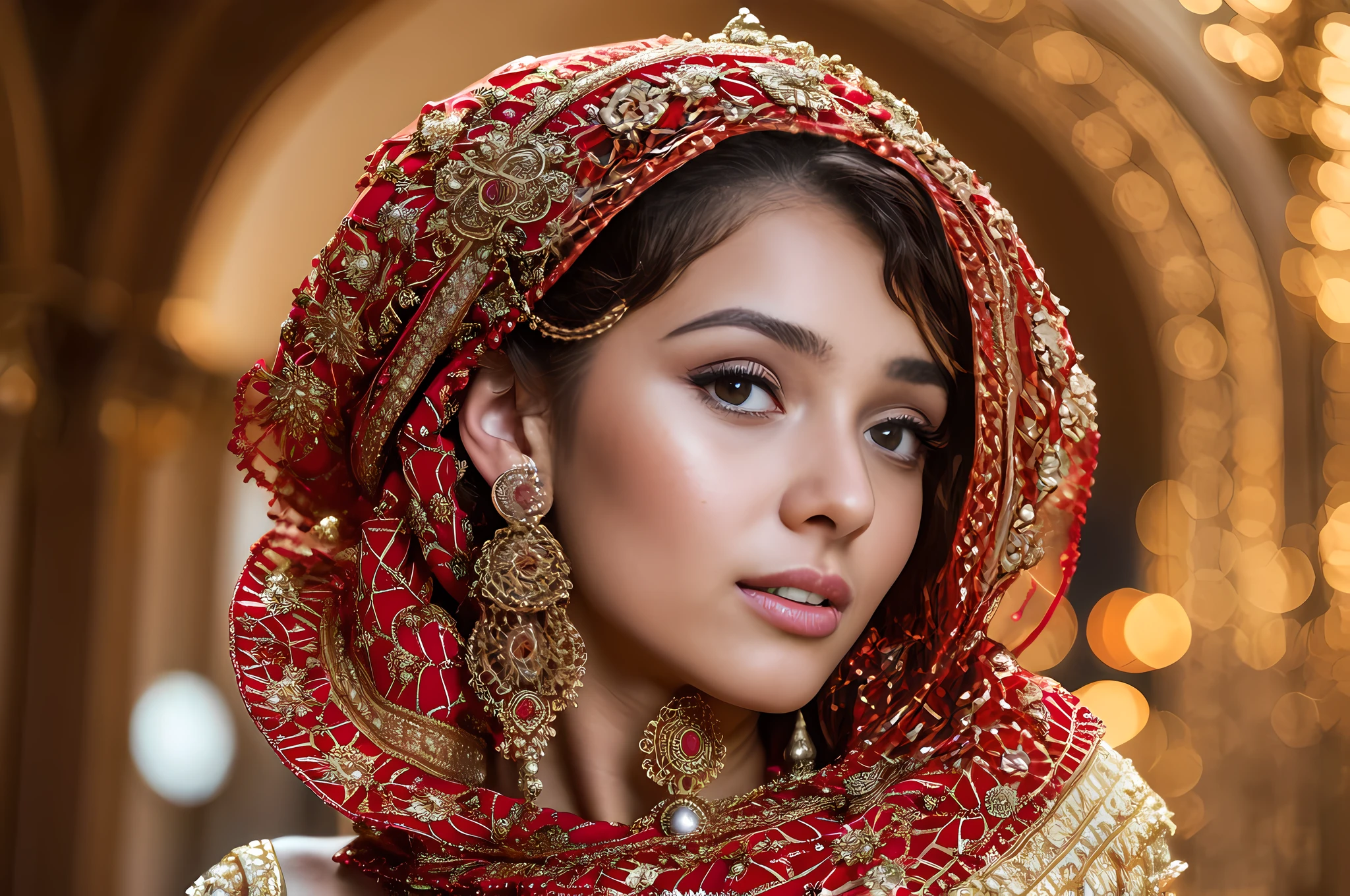 a woman with curly hair wearing a red dress, portrait sophie mudd, middle eastern details, on a young beautiful woman neck, symmetrical head-on centralized, very short hair, mayan, still from alita, like a crown, small necklace, iranian, trim, by Dennis Ashbaugh, portrait featured on unsplash, very ornate, 2 0 5 0 s