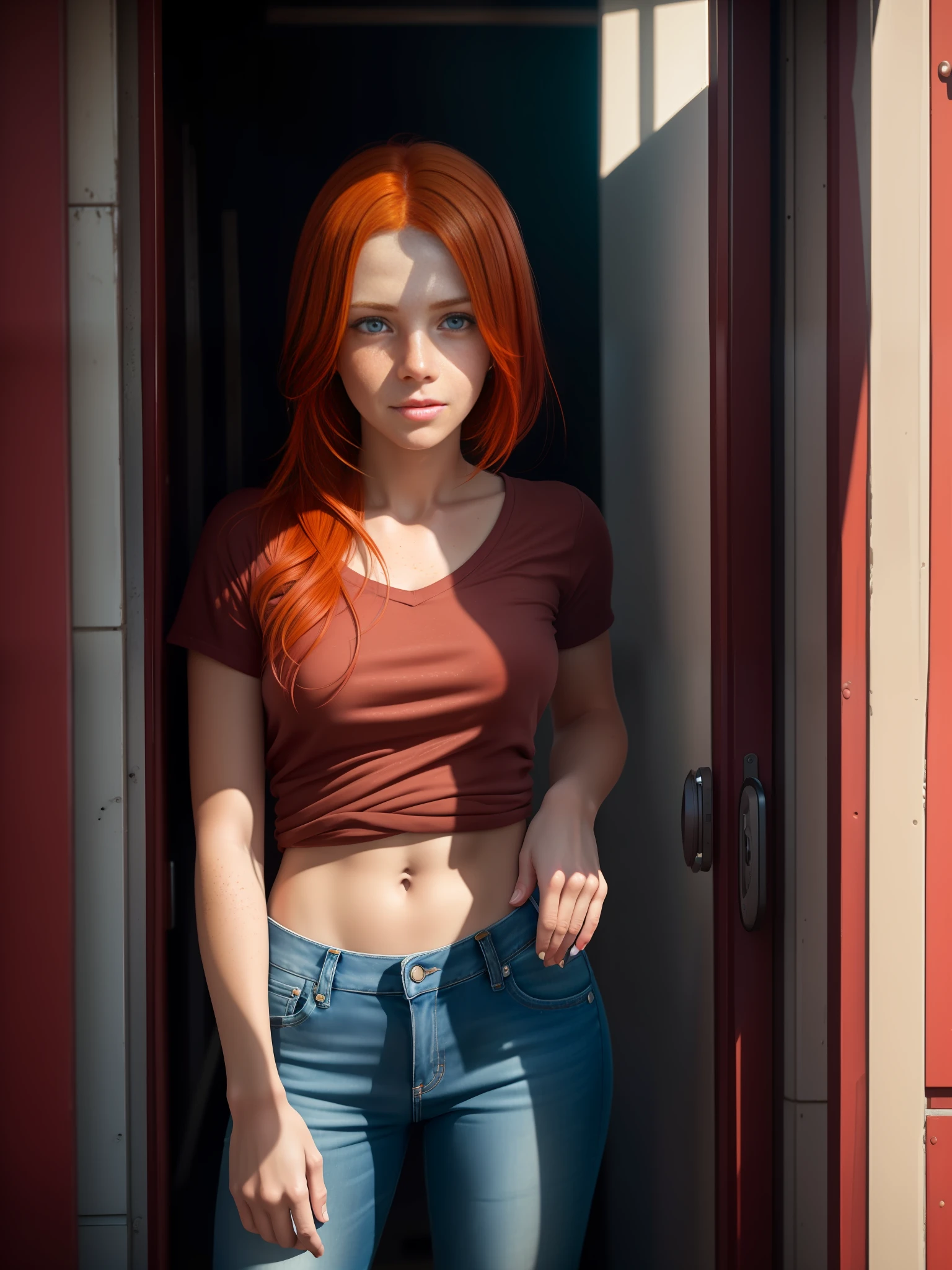 by lee jeffries Nikon D850 film stock photography 4 kodak portra 400 camera f1.6 rich lenses colors hyper realistic texture dramatic lighting unrealengine trend in artstation cinestill 800, Face extremely detailed, realistic, best qualified, photorealistic, Quality 8k, High ress, (1girl, in the house of 19 years, young, standing, looking at the camera, light red hair,  sweet face, freckles, jeans, skinny), first-person view