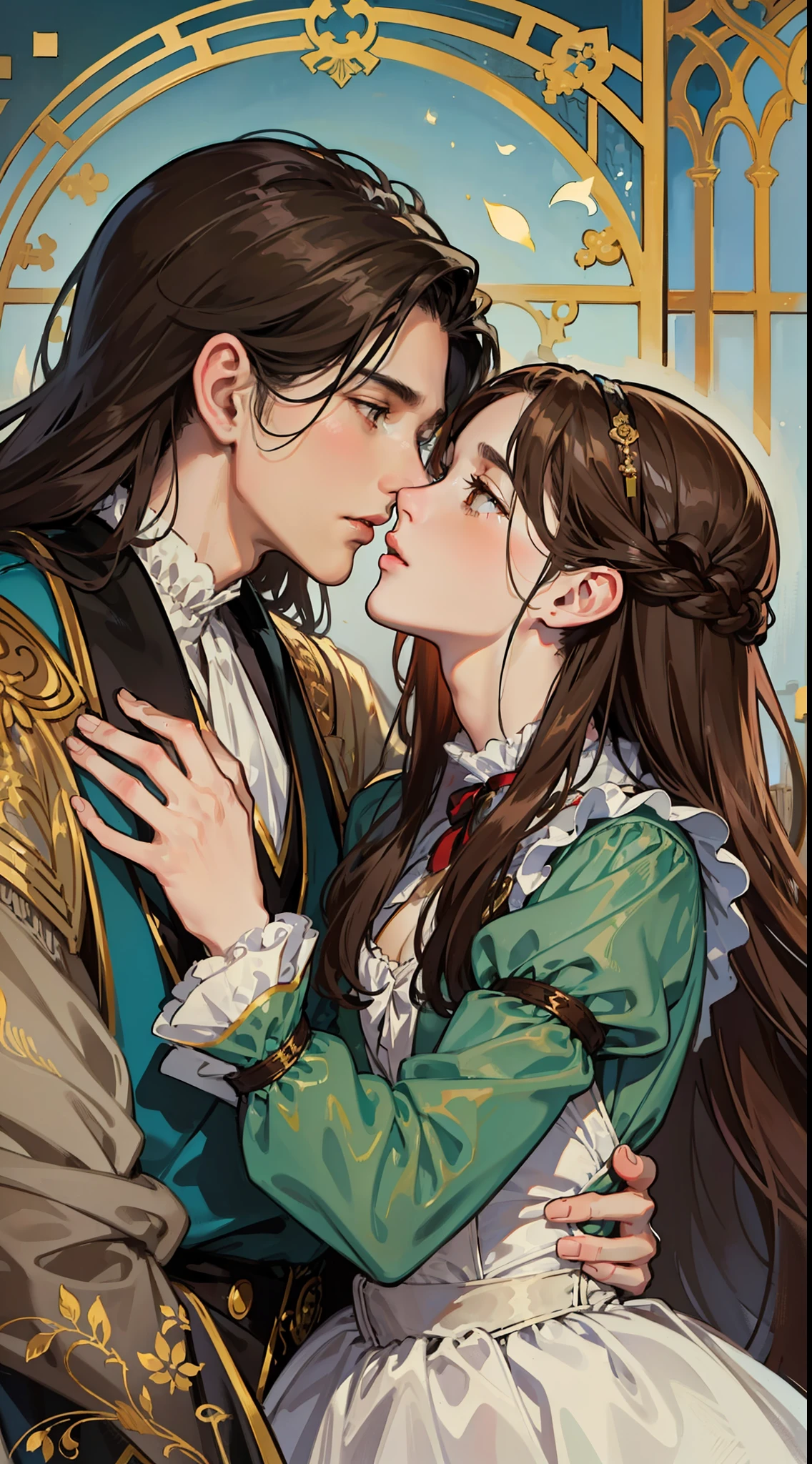 ((masterpieces)), best quality, outstanding illustration, a couple kissing, soft focus, 1 boy with long black hair, RED EYES, 1 girl with long brown hair, BROWN EYES, Victorian clothes, Victorian romanticism, opulent and exquisite atmosphere, soft light and warm lighting.