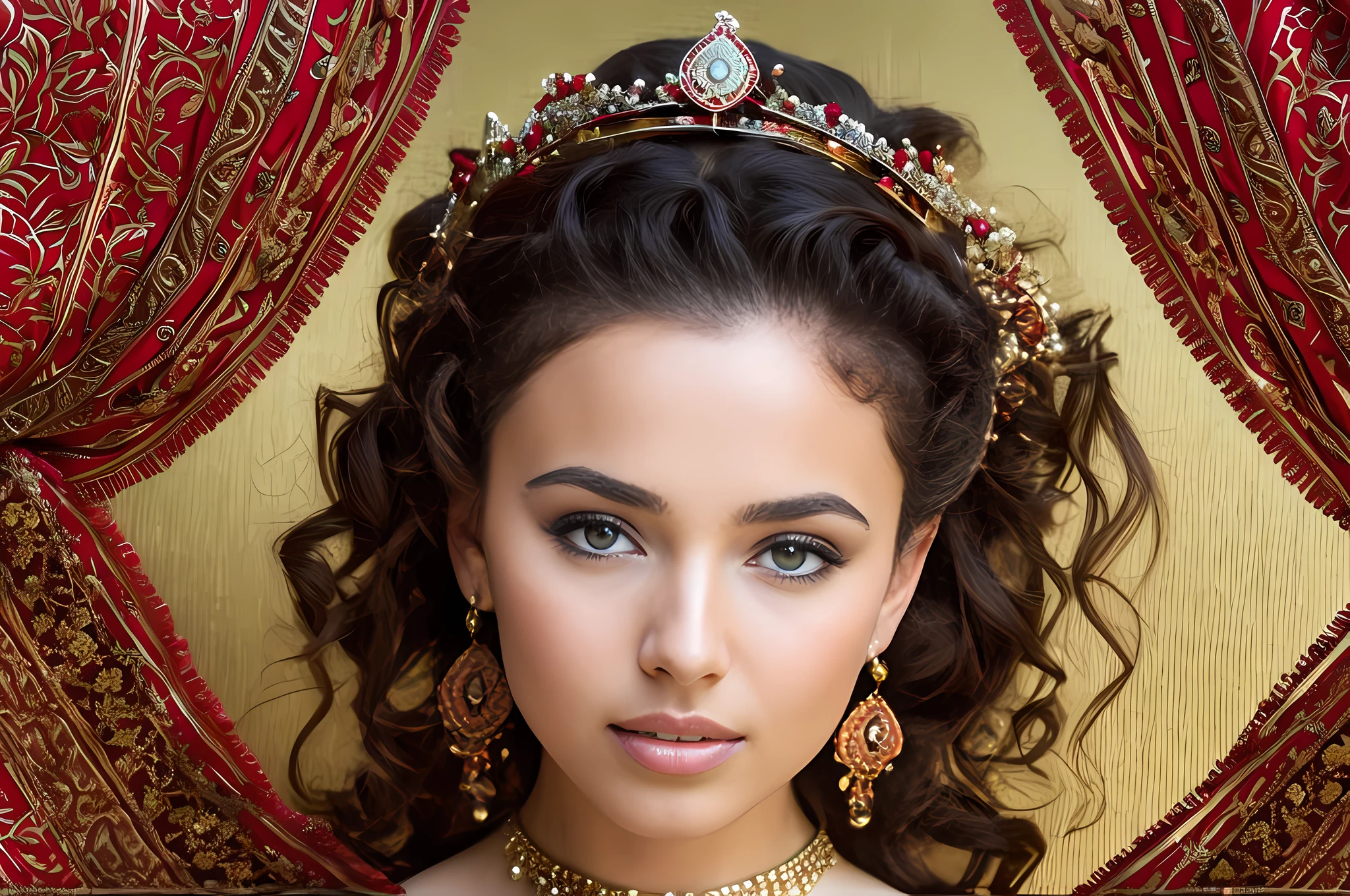 a woman with curly hair wearing a red dress, portrait sophie mudd, middle eastern details, on a young beautiful woman neck, symmetrical head-on centralized, very short hair, mayan, still from alita, like a crown, small necklace, iranian, trim, by Dennis Ashbaugh, portrait featured on unsplash, very ornate, 2 0 5 0 s
