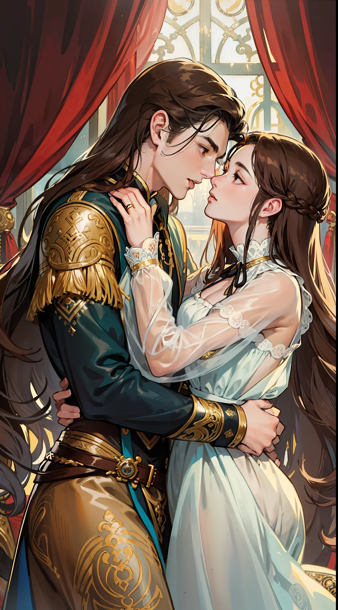 ((masterpieces)), best quality, outstanding illustration, a couple kissing, soft focus, 1 boy with long black hair, RED EYES, 1 girl with long brown hair, BROWN EYES, Victorian clothes, Victorian romanticism, opulent and exquisite atmosphere, soft light and warm lighting.