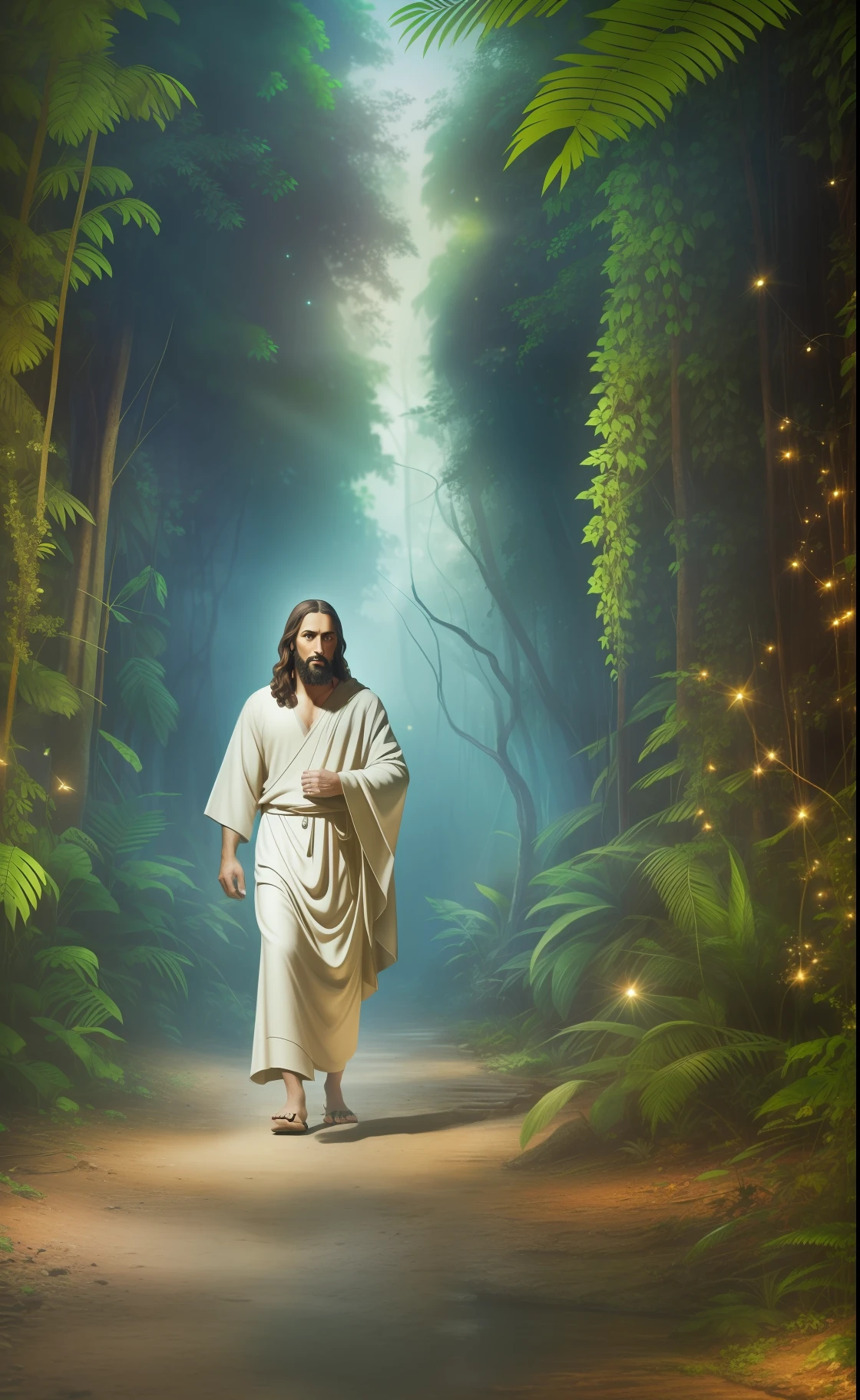 masterpiece, jesus christ walking through the jungle at night among fireflies, garden, detailed background ancient ruins, 4k, 8k, high quality, high detailed, professional art, ultra realistic, photorealistic, photography, dslr, flawless, clean, masterpiece, perfect artwork, famous art, cinematic lighting, cinematic flower, perfect face, perfect picture,