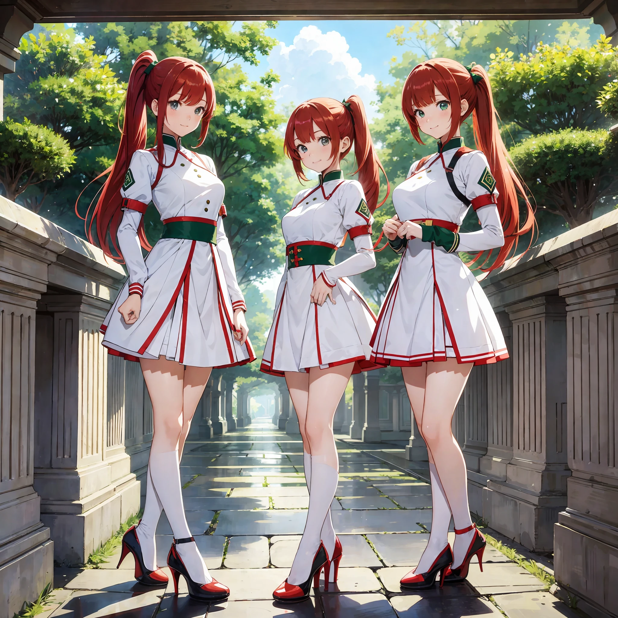perfect anime illustration, multiple girls, thousands of girls, millions of girls, clones, identical sisters, red hair, ponytail, matching hairstyle, hazel eyes, smiling, white skin, matching outfits, green uniforms, high heels, highres, full body, bare legs, neat rows of sisters, neat columns of sisters, sisters standing in formation, sisters in background