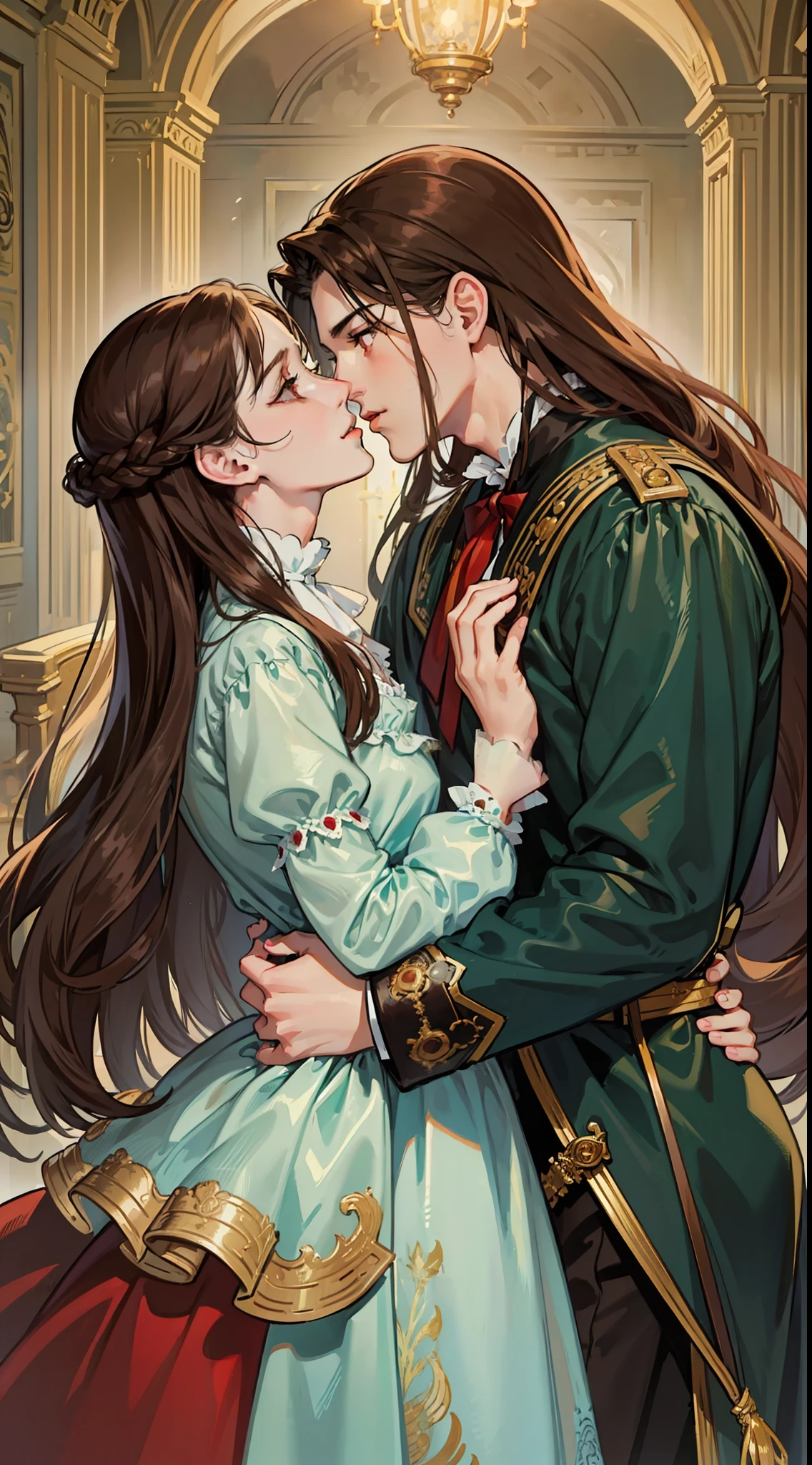 ((masterpieces)), best quality, outstanding illustration, a couple kissing, soft focus, 1 boy with long black hair, RED EYES, 1 girl with long brown hair, BROWN EYES, Victorian clothes, Victorian romanticism, opulent and exquisite atmosphere, soft light and warm lighting.