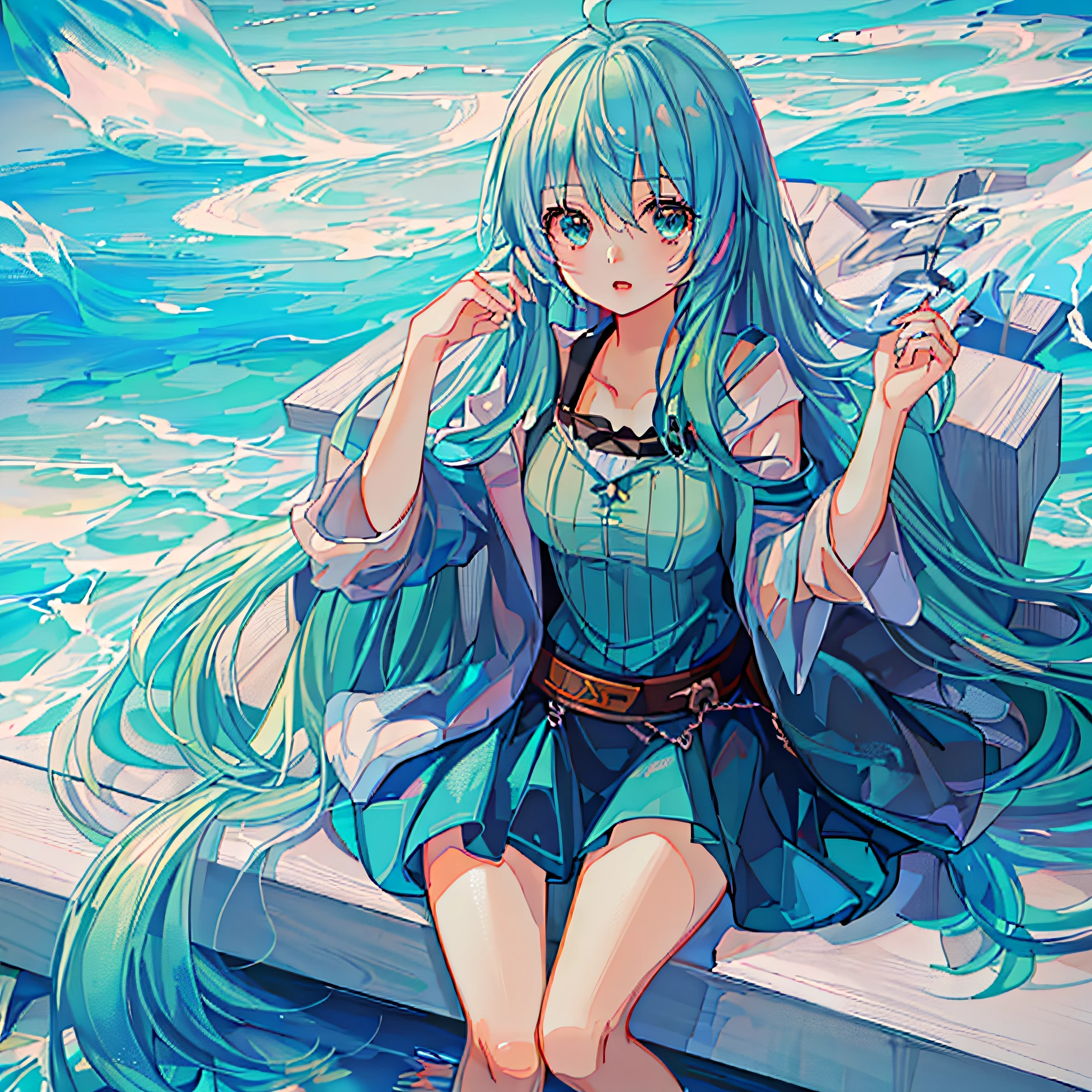 anime girl with blue hair sitting on a dock by the water, anime girl with blue hair, mikudayo, moe artstyle anime, 4k anime style, high quality anime art, water blue anime wallpaper, artstyle anime, hatsune miku portrait, miku, beautiful anime art style, official art, beautiful girl blue hair, beautiful anime girl,  HD art, with dark green shirt