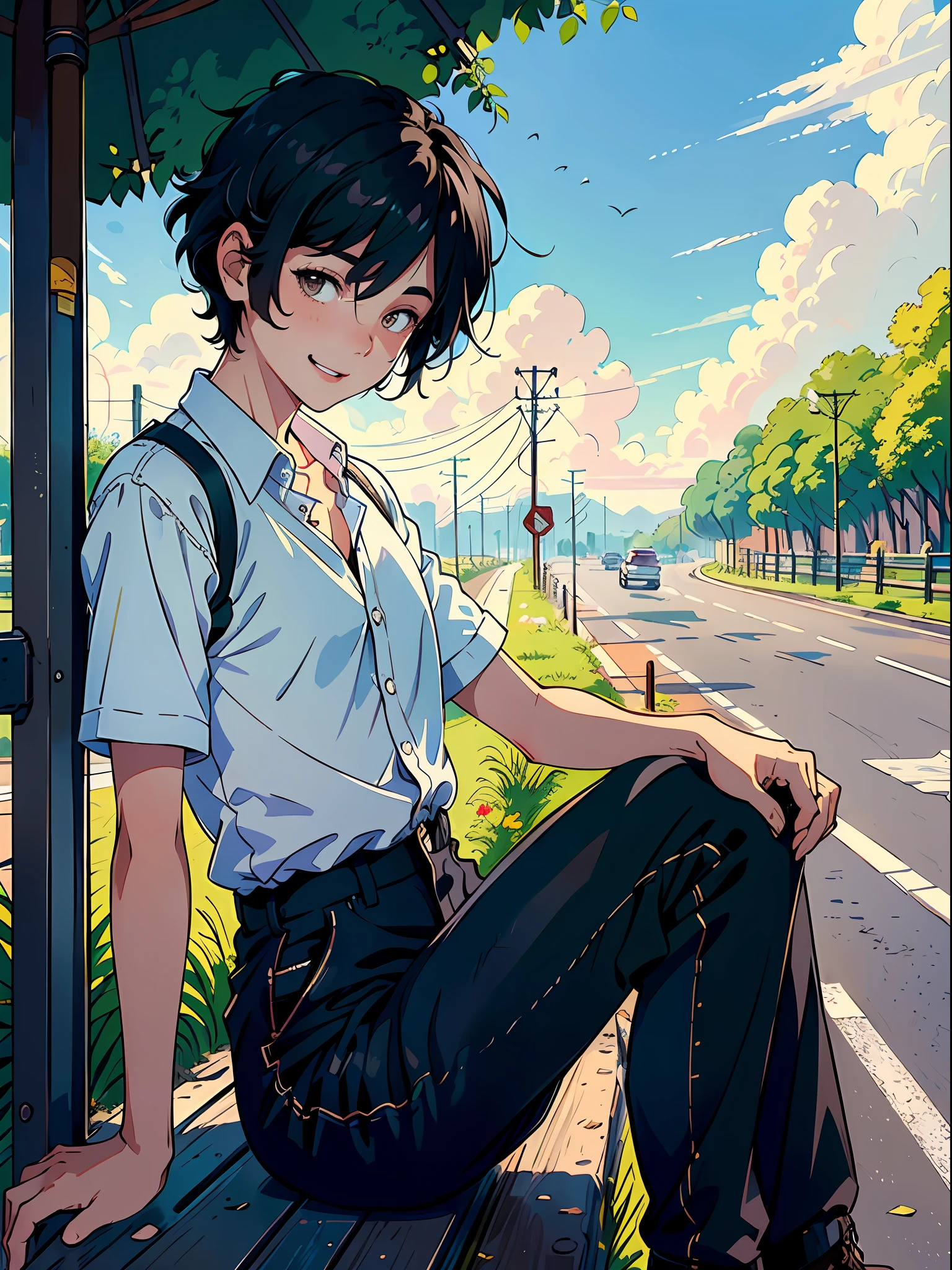 ((Masterpiece)), ((Best Quality))), ((Ultra Detailed)), ((Illustration)), A Boy with Short Black Hair, Comma Hair, Hair Between the Eyes, Leaning on a Roadside Railing, Laughing, Sunshine