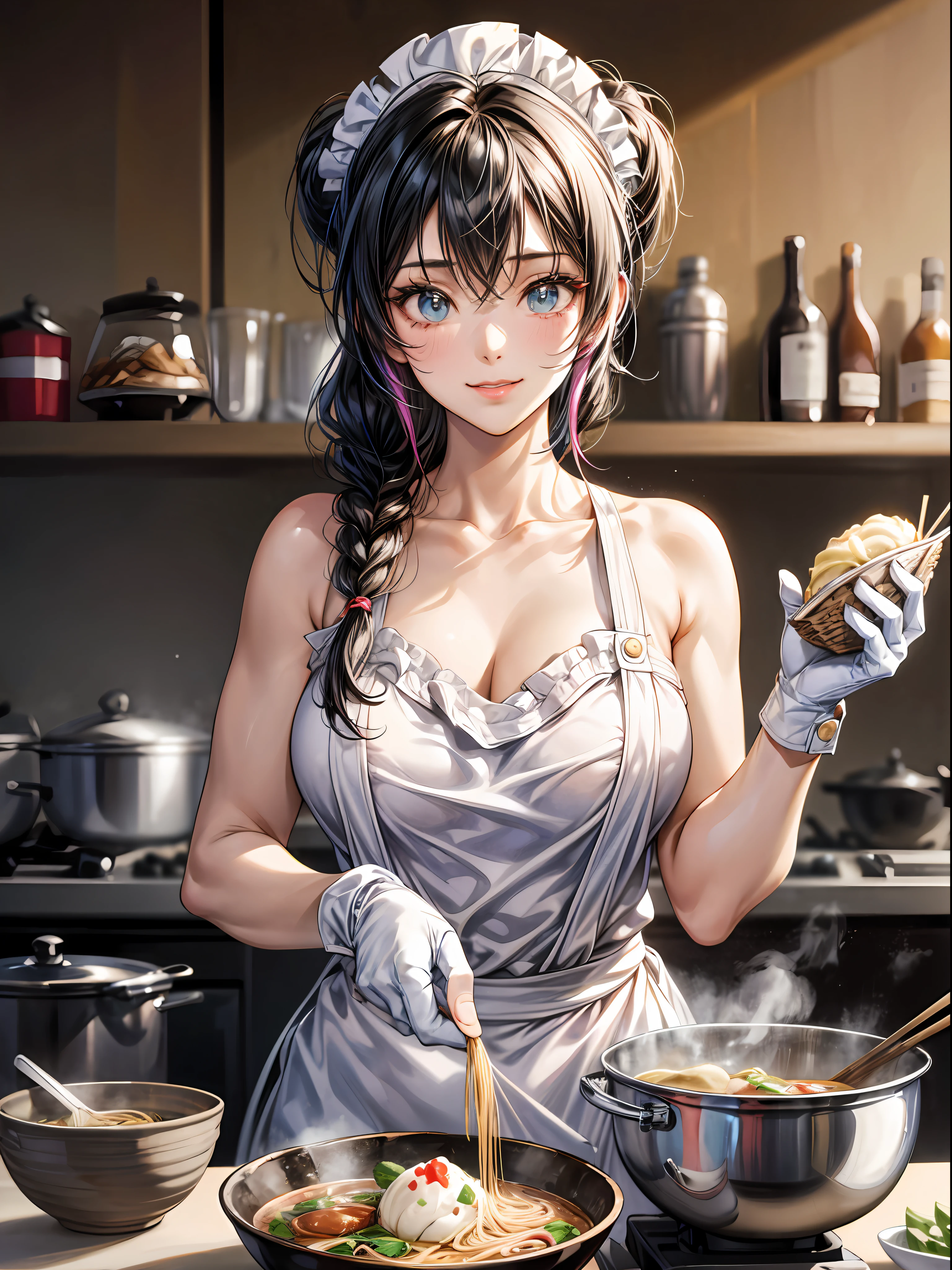 best quality, ultra-detailed, high resolution,anime screencap, unity 8k wallpaper, pov , heaping dumpling and ramen, dark ramen master, dark dumpling master,colorful dumpling dark bar,chef,two strands hanging in front,non visible underboobs,floral blouse, cute girl, (human:1),(voluptuous,well-endowed,Solo),(1lady, cook),chef,20 years old,black hair, two short braids hanging in front, (idolmasters),(cat eyes, pin up art),white gloves, ice cream bar, cold smile ,intake,collarbone,cooking,(pin up art),High school DxD,disco bar,muscular,collarbones, cooking, epic,lucky star, multiple focus
