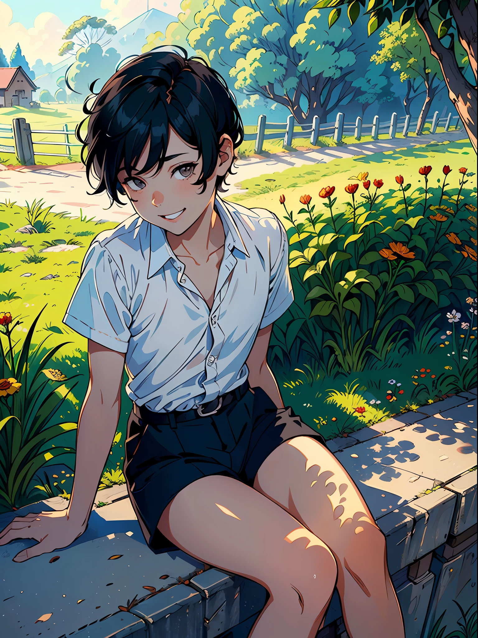 ((Masterpiece)), ((Best Quality))), ((Ultra Detailed)), ((Illustration)), A Boy with Short Black Hair, Comma Hair, Hair Between the Eyes, Leaning on a Roadside Railing, Laughing, Sunshine