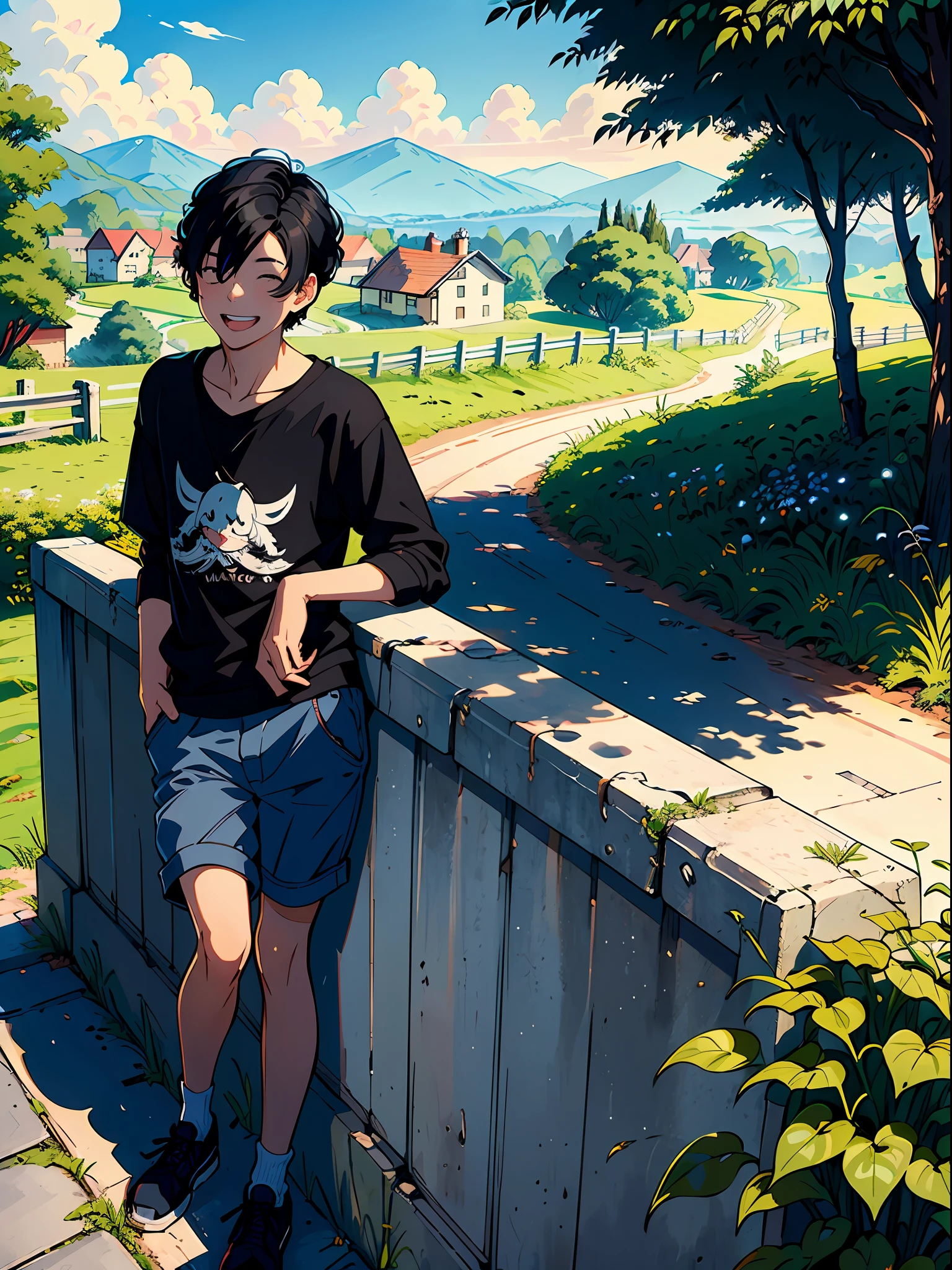 ((Masterpiece)), ((Best Quality))), ((Ultra Detailed)), ((Illustration)), A Boy with Short Black Hair, Comma Hair, Hair Between the Eyes, Leaning on a Roadside Railing, Laughing, Sunshine