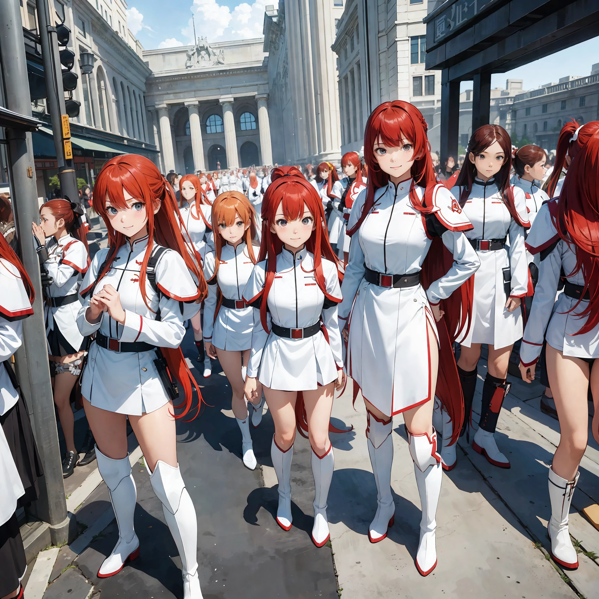 perfect anime illustration, multiple girls, thousands of girls, millions of girls, clones, identical sisters, red hair, ponytail, matching hairstyle, hazel eyes, smiling, white skin, heeled boots, matching outfits, military uniforms, armor, highres, full body, bare legs, neat rows of sisters, neat columns of sisters, sisters standing in formation, sisters in background
