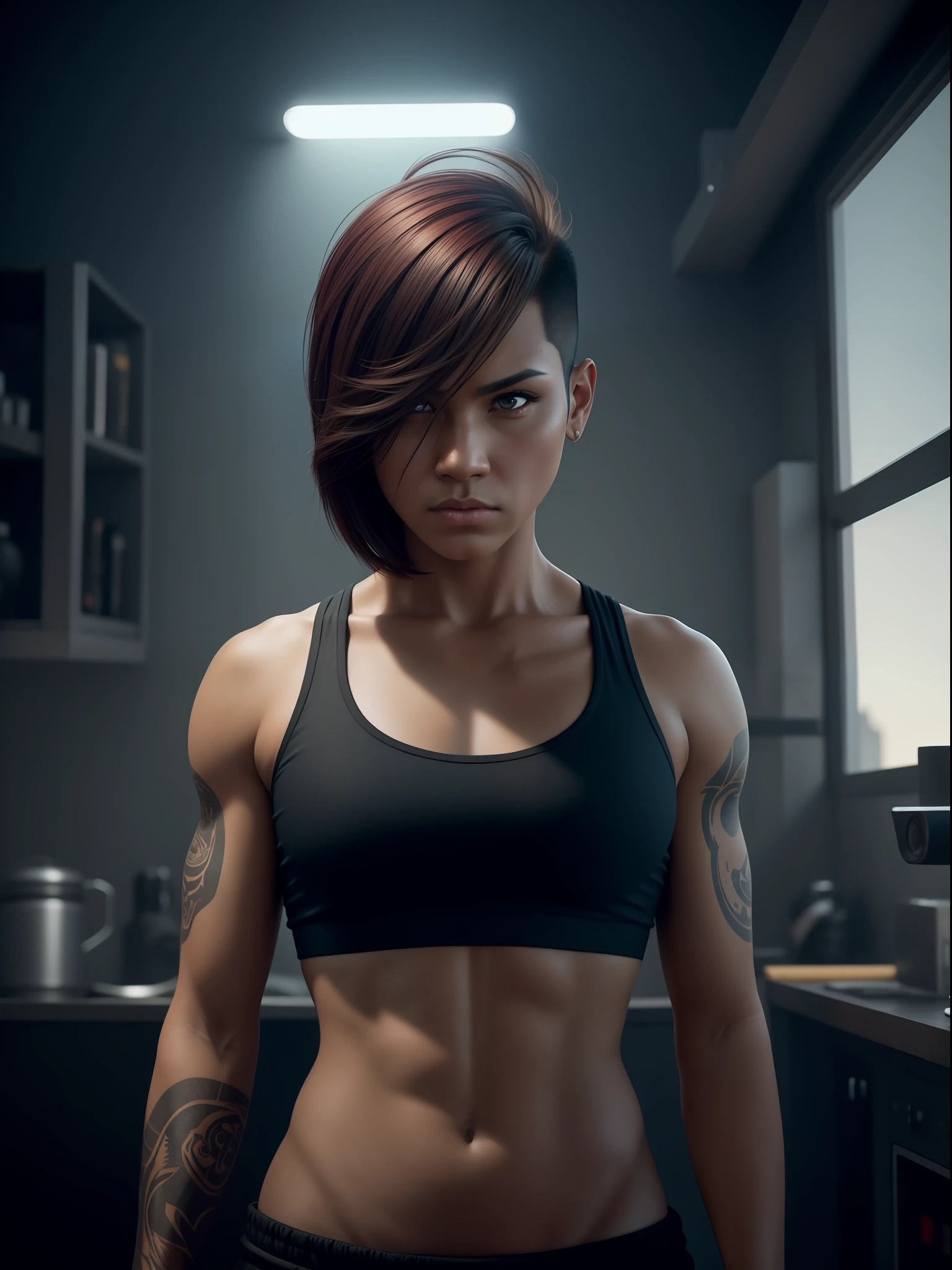by lee jeffries Nikon D850 film stock photography 4 kodak portra 400 camera f1.6 rich lenses colors hyper realistic texture dramatic lighting unrealengine trend in artstation cinestill 800, Face extremely detailed, realistic, best quality, photorealistic, Quality 8k, High ress, (1boy, in the house of 19 years, young, adolecent, standing, looking at the camera,shaved hair,  angry, staring, combat pose), first-person view
