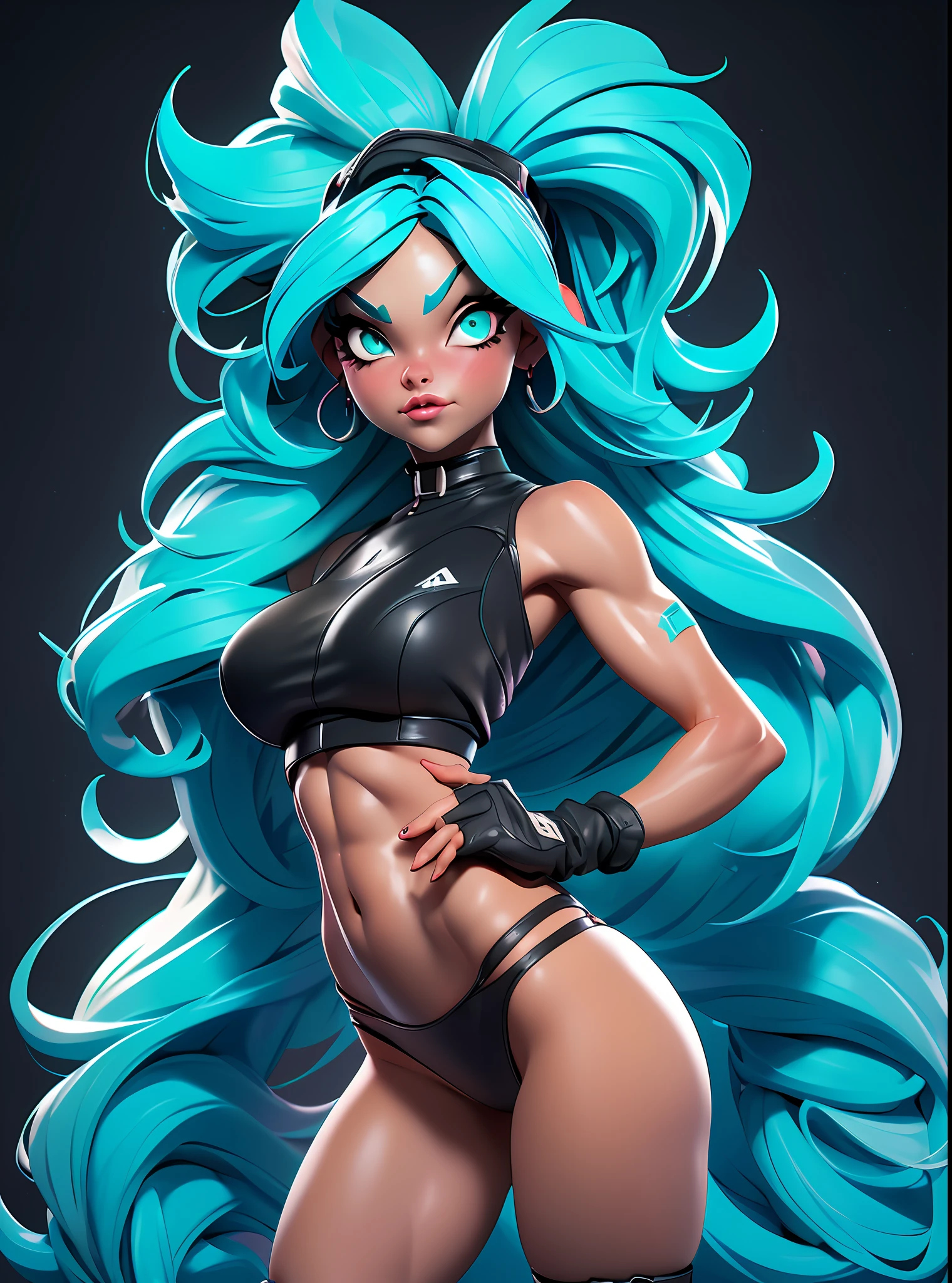 ((Best Quality)), ((Masterpiece)), ((Realistic)) and ultra-detailed photography of a 1nerdy girl with goth and neon colors. She has ((turquoise hair)), wears a small black thong, black small bikini , ((beautiful and aesthetic)), muscular fit body abs, sexy, under-boobs, hot