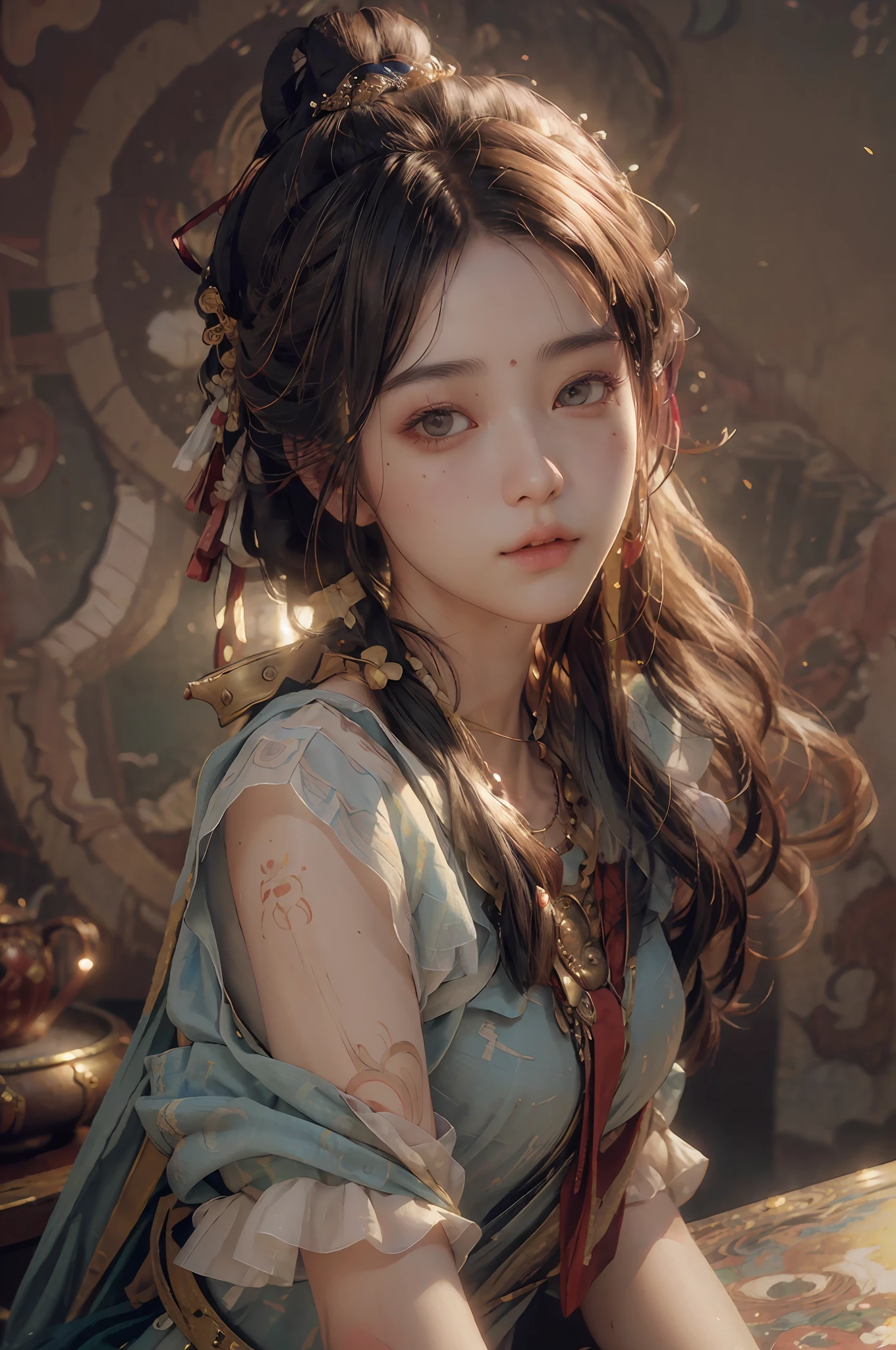 (RAW photo, best quality), (realistic, photo-realistic:1.3),best quality,highly detailed,masterpiece,ultra-detailed,illustration,1girl,upper_body,dynamic angle,world masterpiece theater,messy_long_hair,best quality,extremely detailed CG unity 8k wallpaper,ink,Amazing,cinematic lighting,lens_flare, dunhuang_style