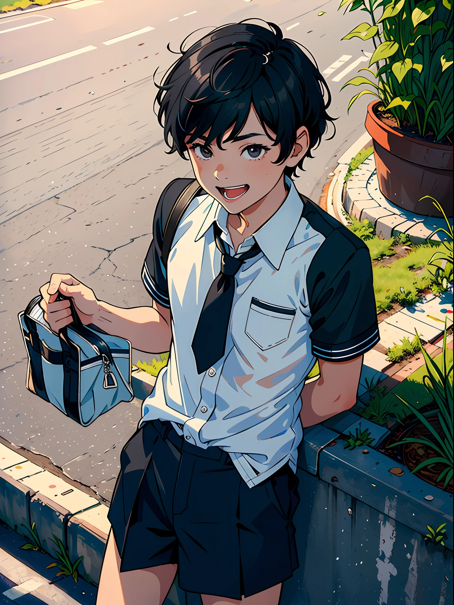 ((Masterpiece)), ((Best Quality))), ((Ultra Detailed)), ((Illustration)), A Boy, Short Black Hair, High School Uniform, On the Side of the Road, Laughing