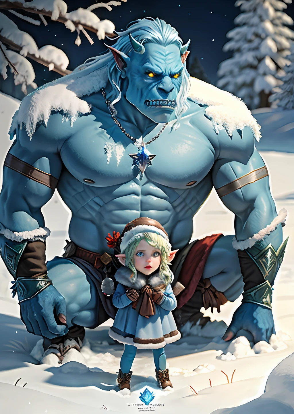 An ice orc and a little and pretty winter fairy, realistic