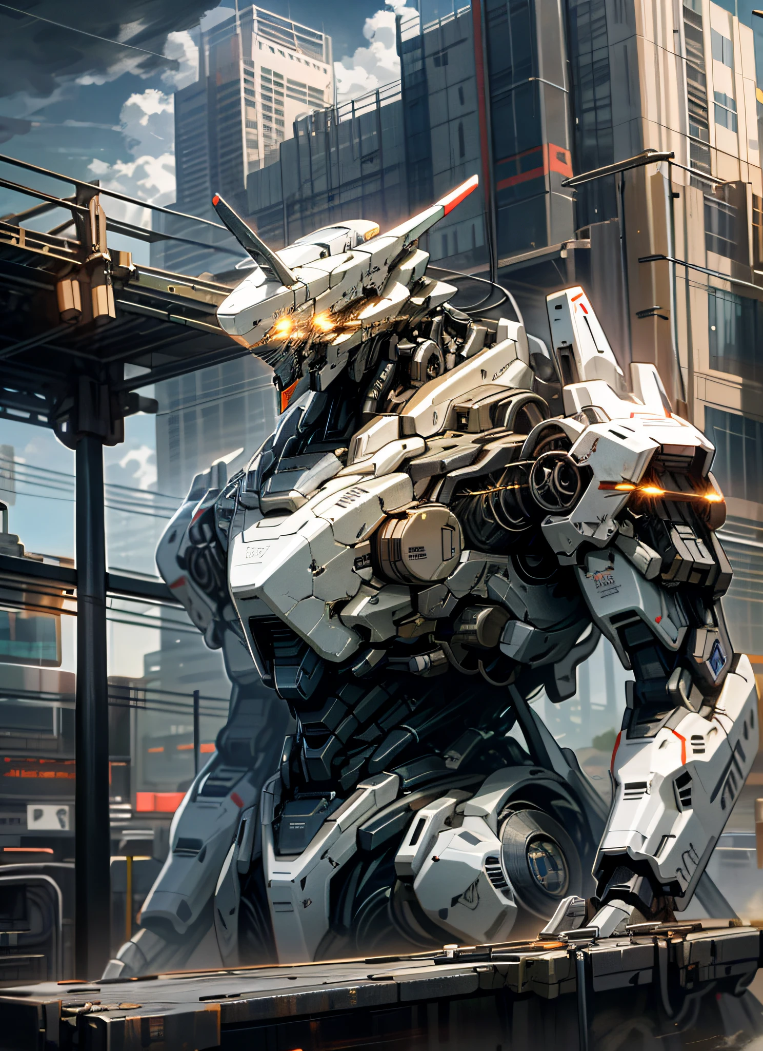 sky, cloud, holding_weapon, no_humans, glowing, , robot, building, glowing_eyes, mecha, science_fiction, city, realistic,mecha