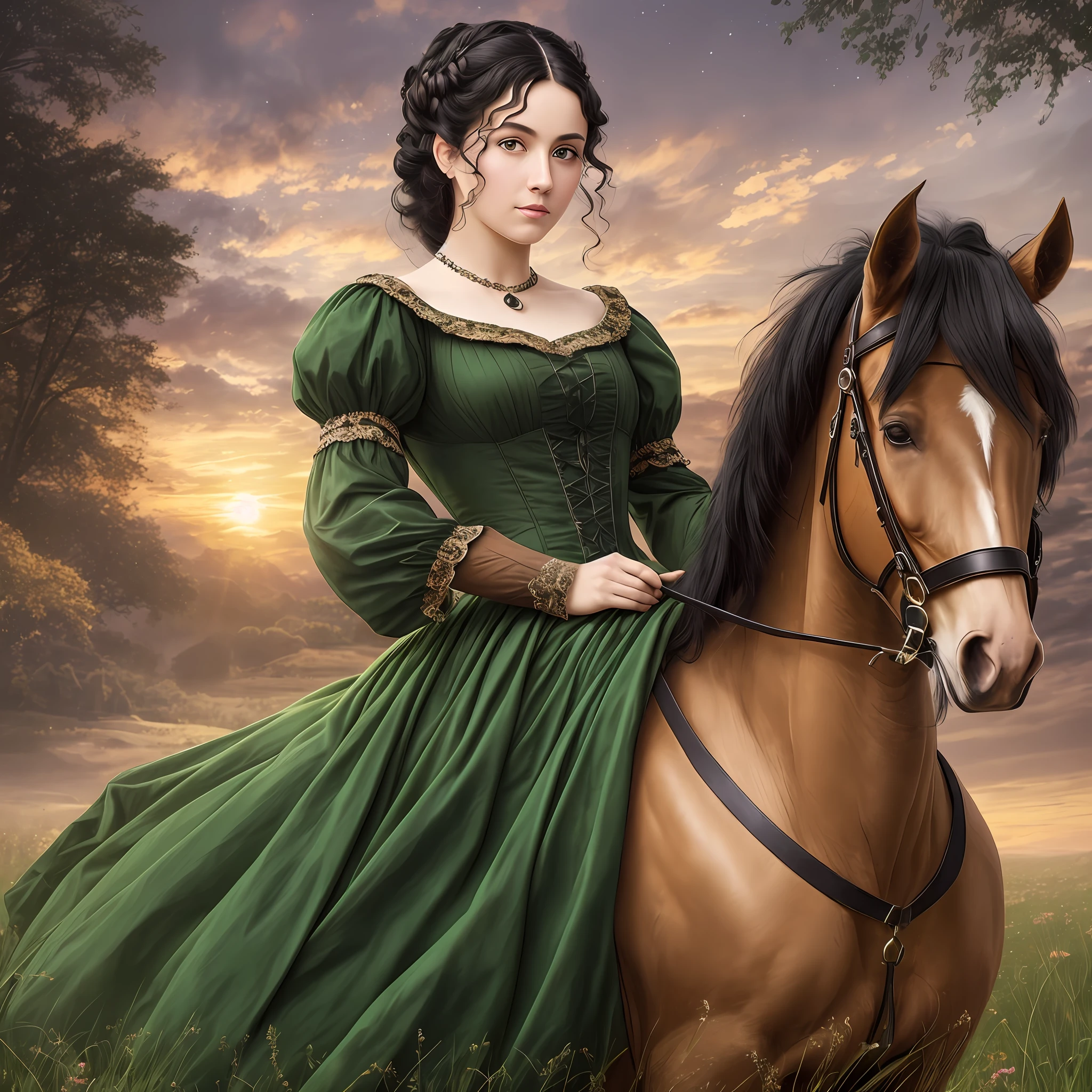 (best quality, masterpiece), english era regency adult woman, pose, particle, upper body, simple natural landscape background, looking at viewer, black hair, dark green eyes, backlit, rimlight, sunrise colored day, beautiful artwork, perfect composition, english riding black costume