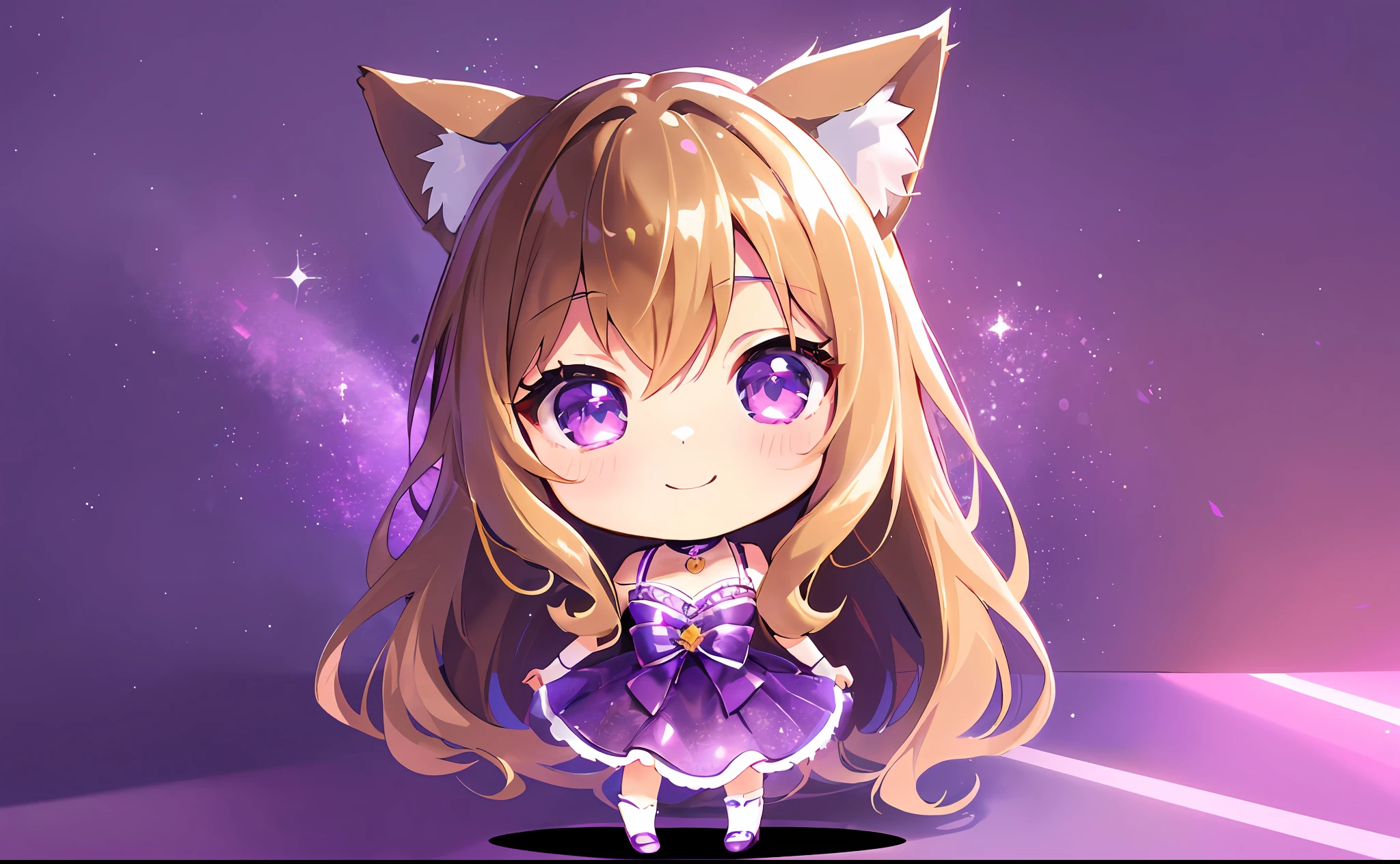 (Chibi Chibi: 1.3), Solo, full body, wearing shiny purple maid clothes, highly detailed face, (smile: 1.3), lively, (gravure pose: 1.4), beautiful detailed eyes, looking up, (eye to eye), light brown long hair, cat ears, neon, masterpiece, top quality, highly detailed 8k wallpaper