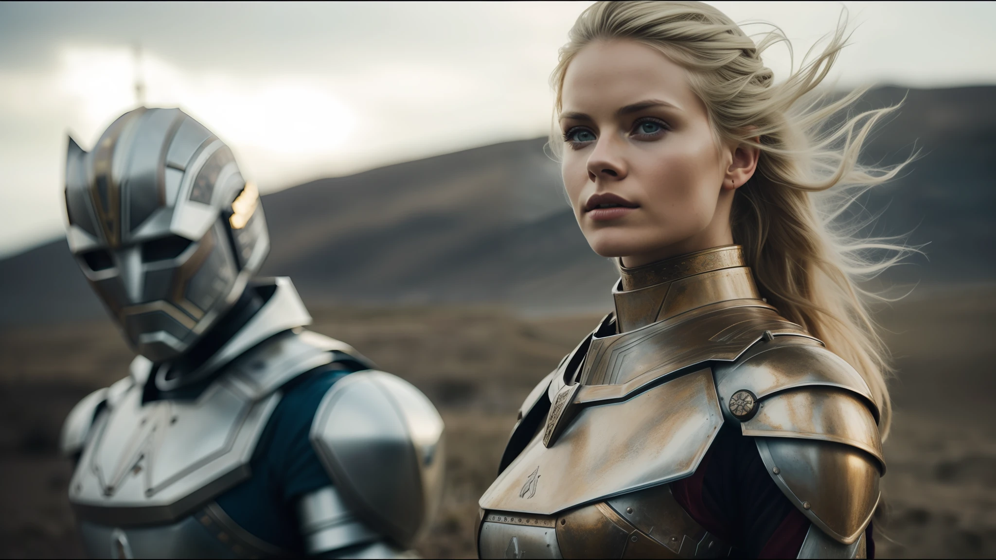 there is a woman in armor next to a robot, inspired by Nína Tryggvadóttir, vfx photo, beauty campaign, brown armor, blonde warrior, portrait of Nordic girl, filmed with anamorphic lenses, closeup of vfx film, promotional photo