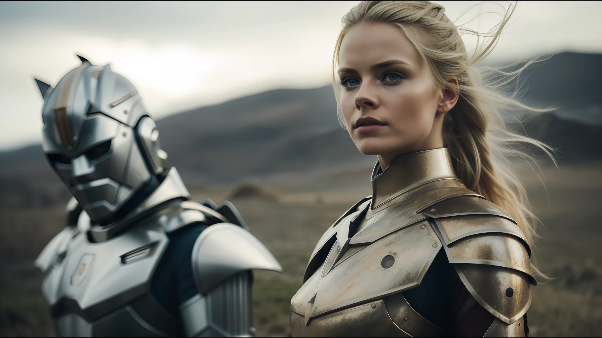 there is a woman in armor next to a robot, inspired by Nína Tryggvadóttir, vfx photo, beauty campaign, brown armor, blonde warrior, portrait of Nordic girl, filmed with anamorphic lenses, closeup of vfx film, promotional photo