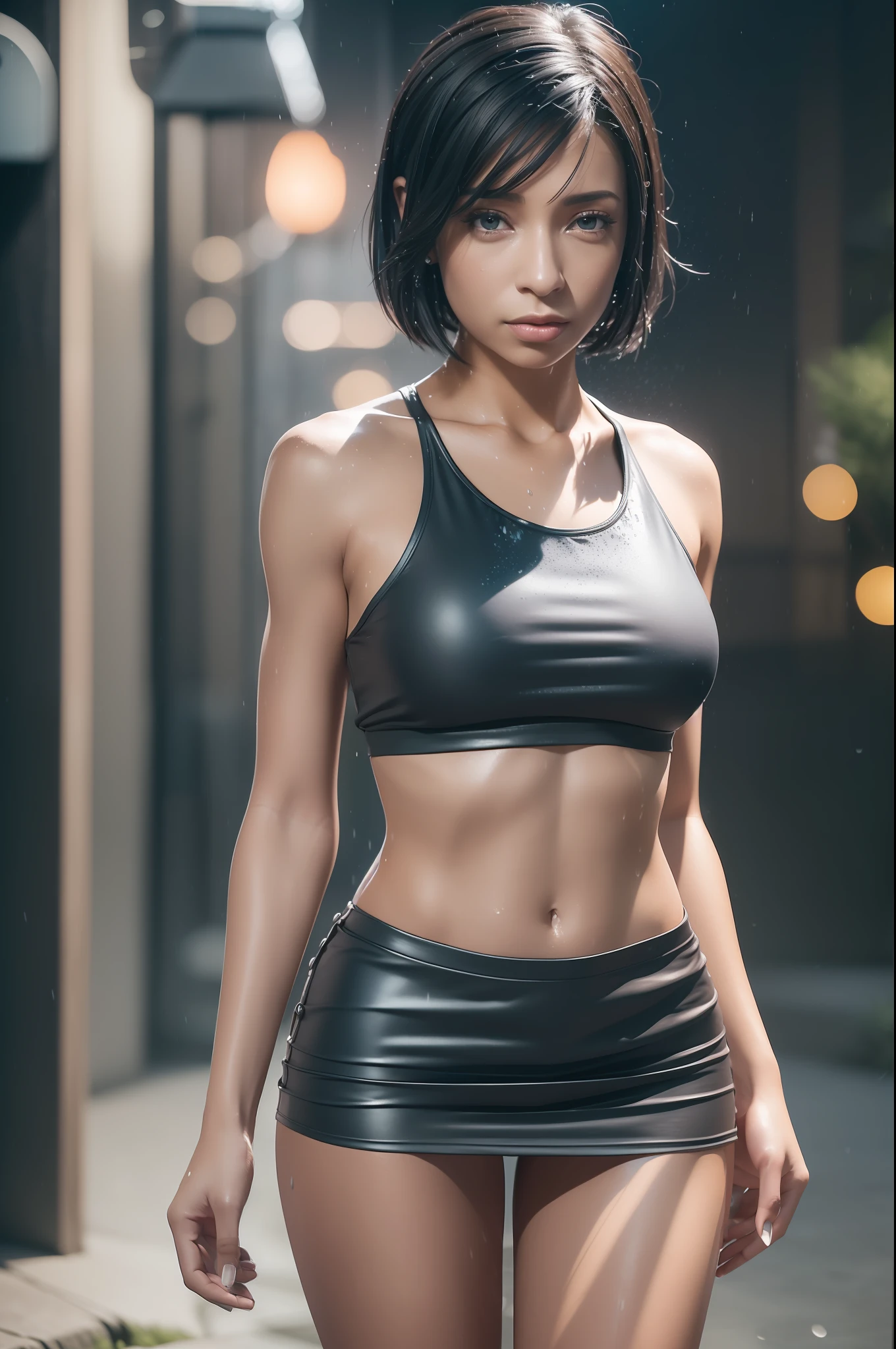 It's dark night, (Tamara Taylor), short straight black hair, hairstyle Bib, A woman stands in the dark against a wall, It's night and raining heavily. The lonely street lamp provides little light, your white clothes are completely soaked, ((camera position behind the woman from below)), ((The small round butt can be seen under the miniskirt)), (round breasts), (small head), (masterpiece:1.2) (photorealistic:1.2) (best quality) (intricate details) (8K) (high poly) (ray tracing), (sharp focus), (natural skin textures)