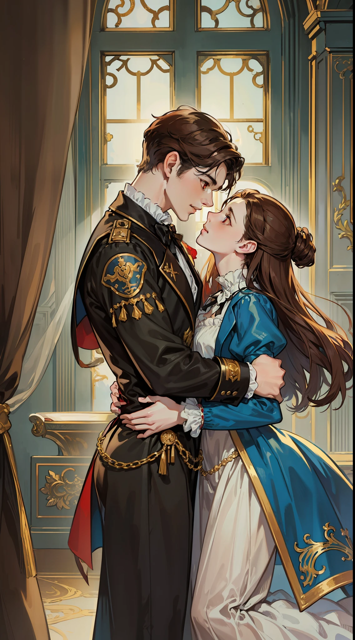 ((masterpieces)), best quality, outstanding illustration, a couple kissing, soft focus, 1 boy with long black hair, RED EYES, 1 girl with long brown hair, BROWN EYES, Victorian clothes, Victorian romanticism, opulent and exquisite atmosphere, soft light and warm lighting.