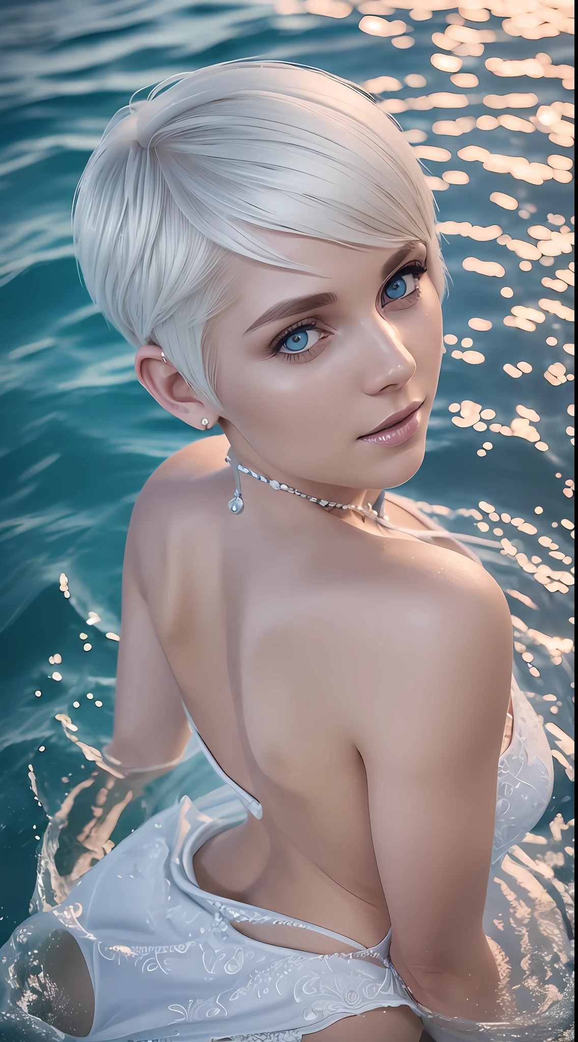 (((sfw))), beautiful white swedish blonde womanin a white dress floating in the seawater. 25 years old, platinum hair, short hair, (((pixie cut))), devil smile, azure eyes, big , sexbs, (masterpiece:1.2) (photorealistic:1.2) (bokeh) (best quality) (intricate details) (8k) (high poly) (ray tracing) (cinematic lighting) (sharp focus) (detailed face) (detailed pupils)