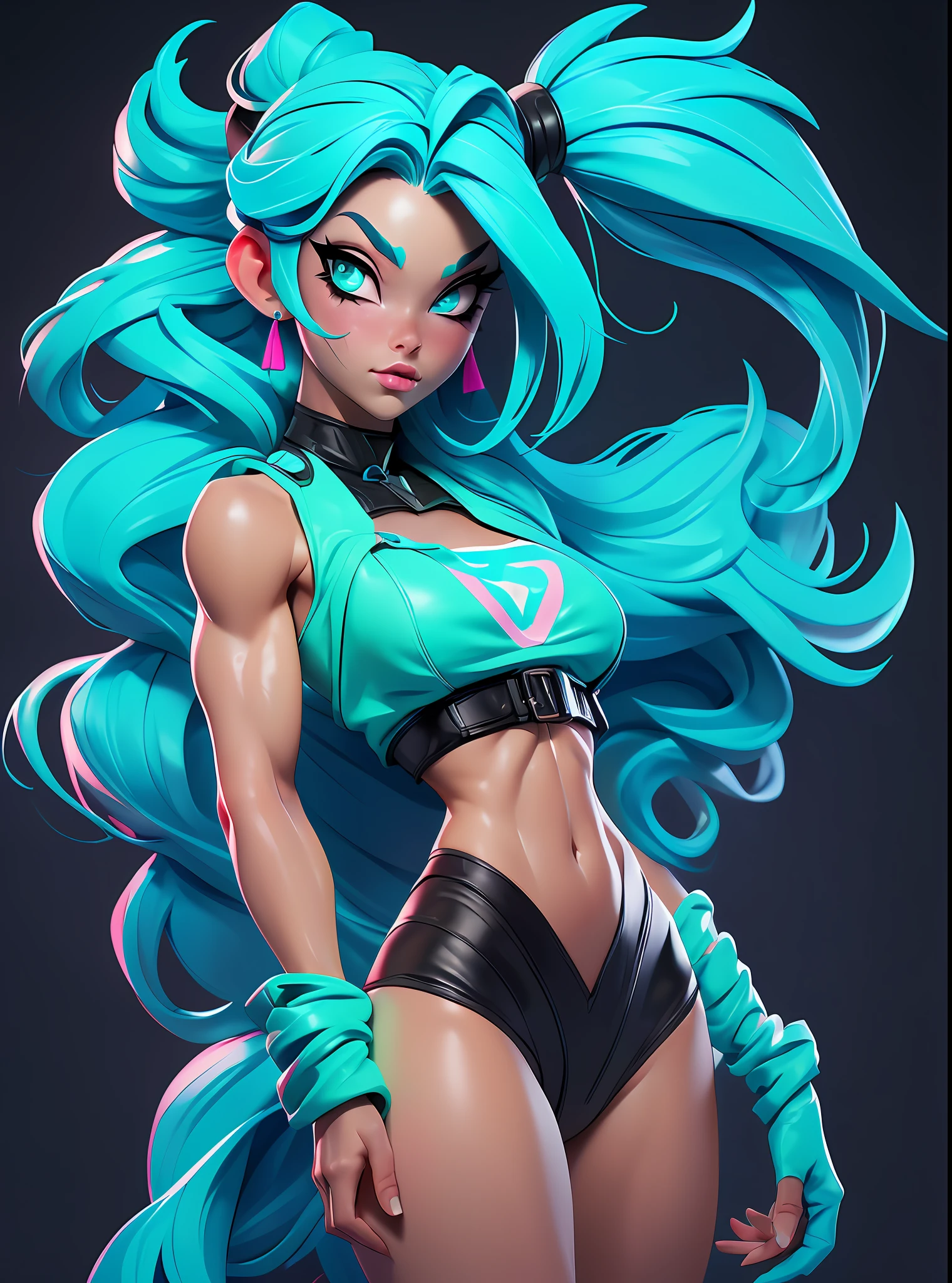 ((Best Quality)), ((Masterpiece)), ((Realistic)) and ultra-detailed photography of a 1nerdy girl with goth and neon colors. She has ((turquoise hair)), wears a small black micro-thong, black microbikini , ((beautiful and aesthetic)), muscular fit body abs, sexy, under-boobs, hot