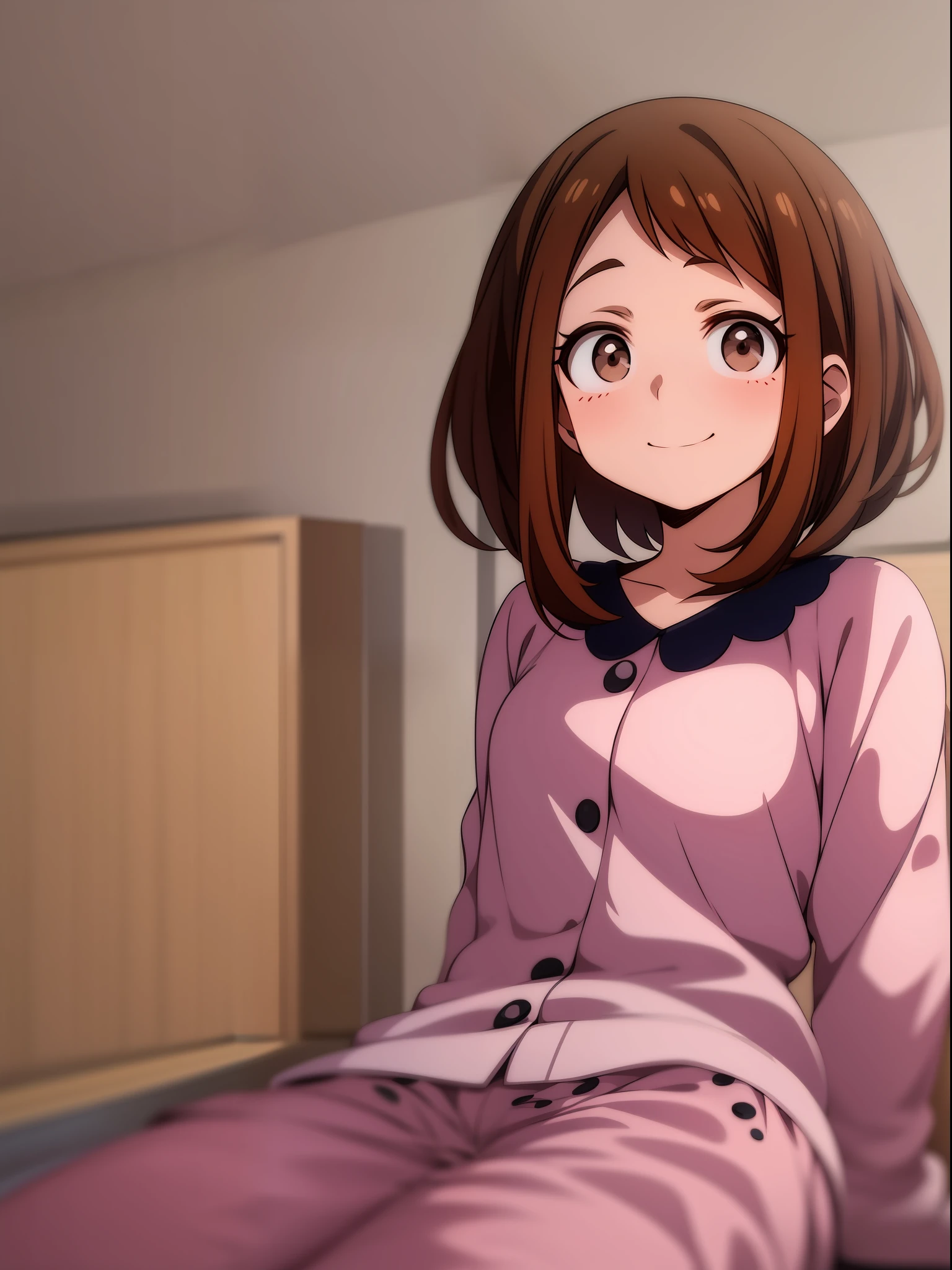 Ochaco Uraraka, wearing pajamas, nice environment, super detailed, high quality